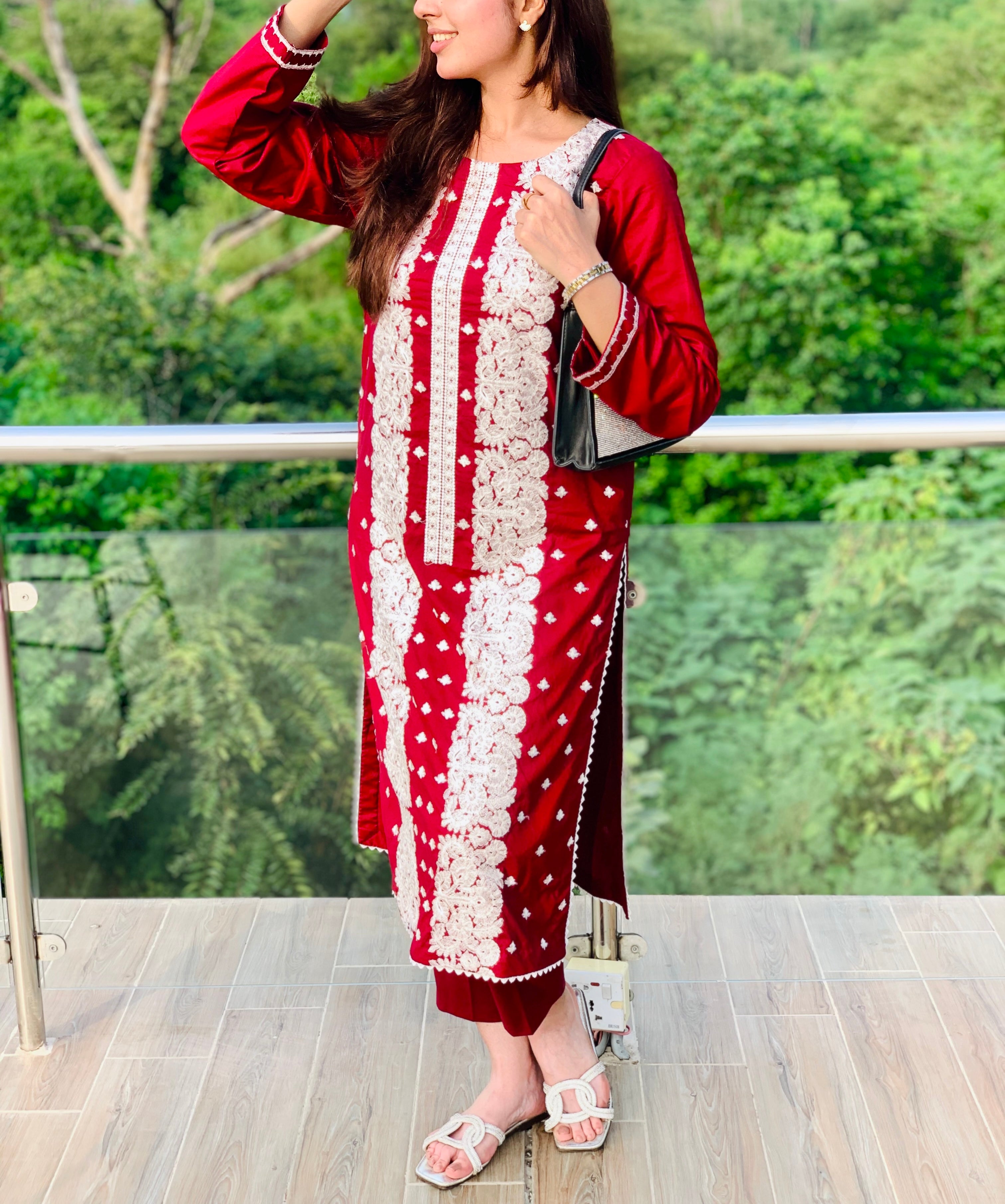 Red Embroidered Suit with White Detailing Two Piece