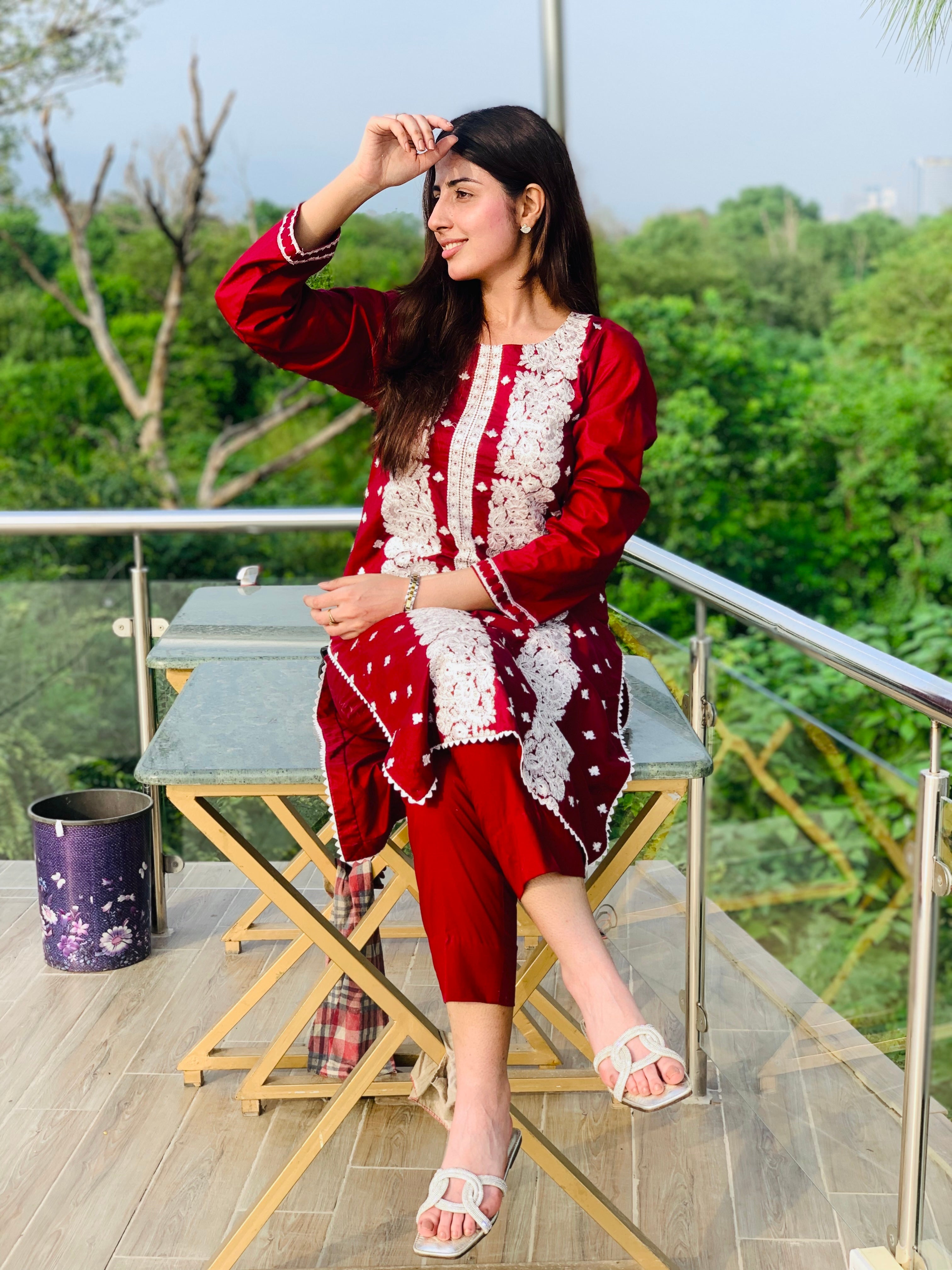 Red Embroidered Suit with White Detailing Two Piece