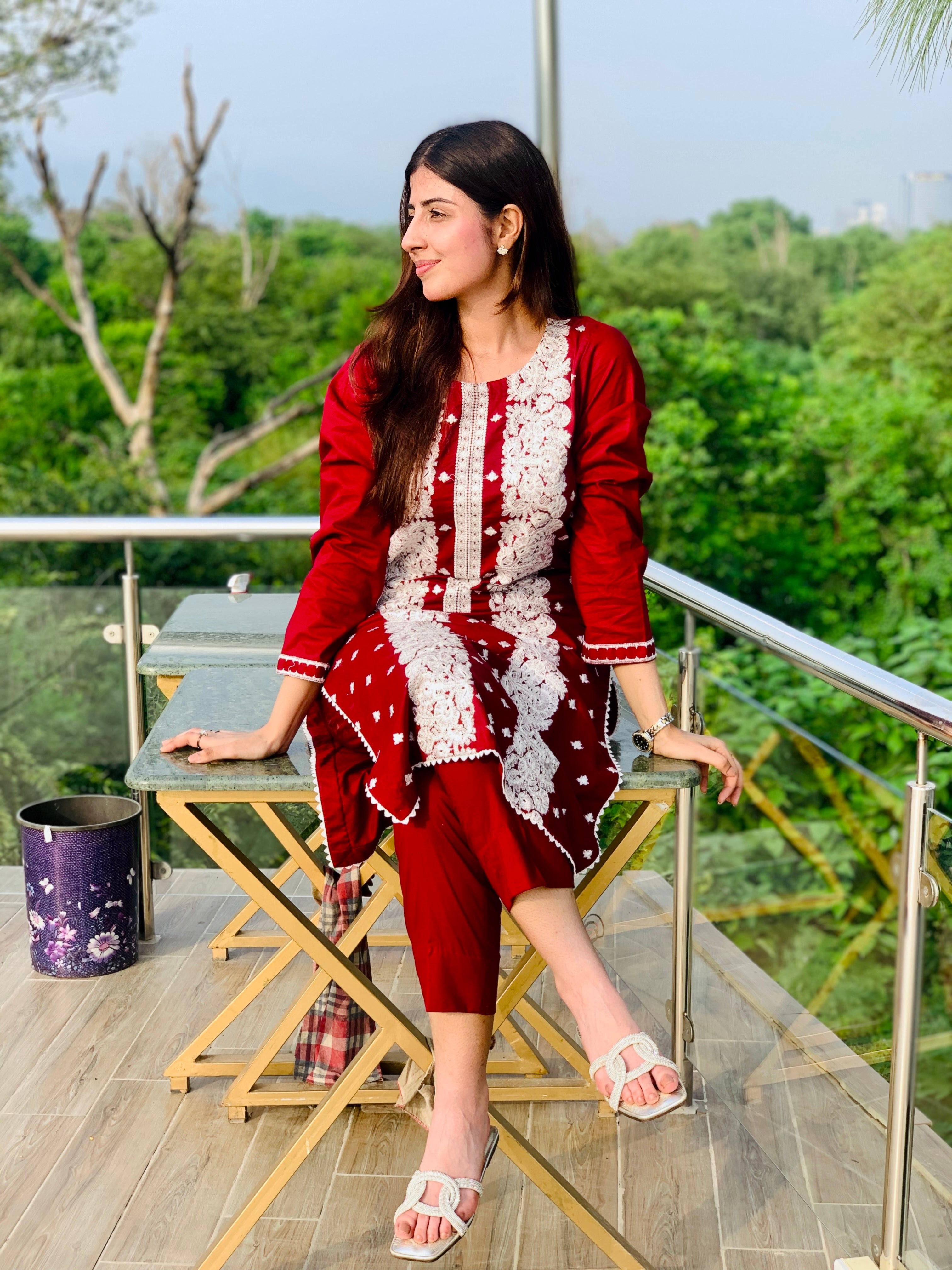 Red Embroidered Suit with White Detailing Two Piece