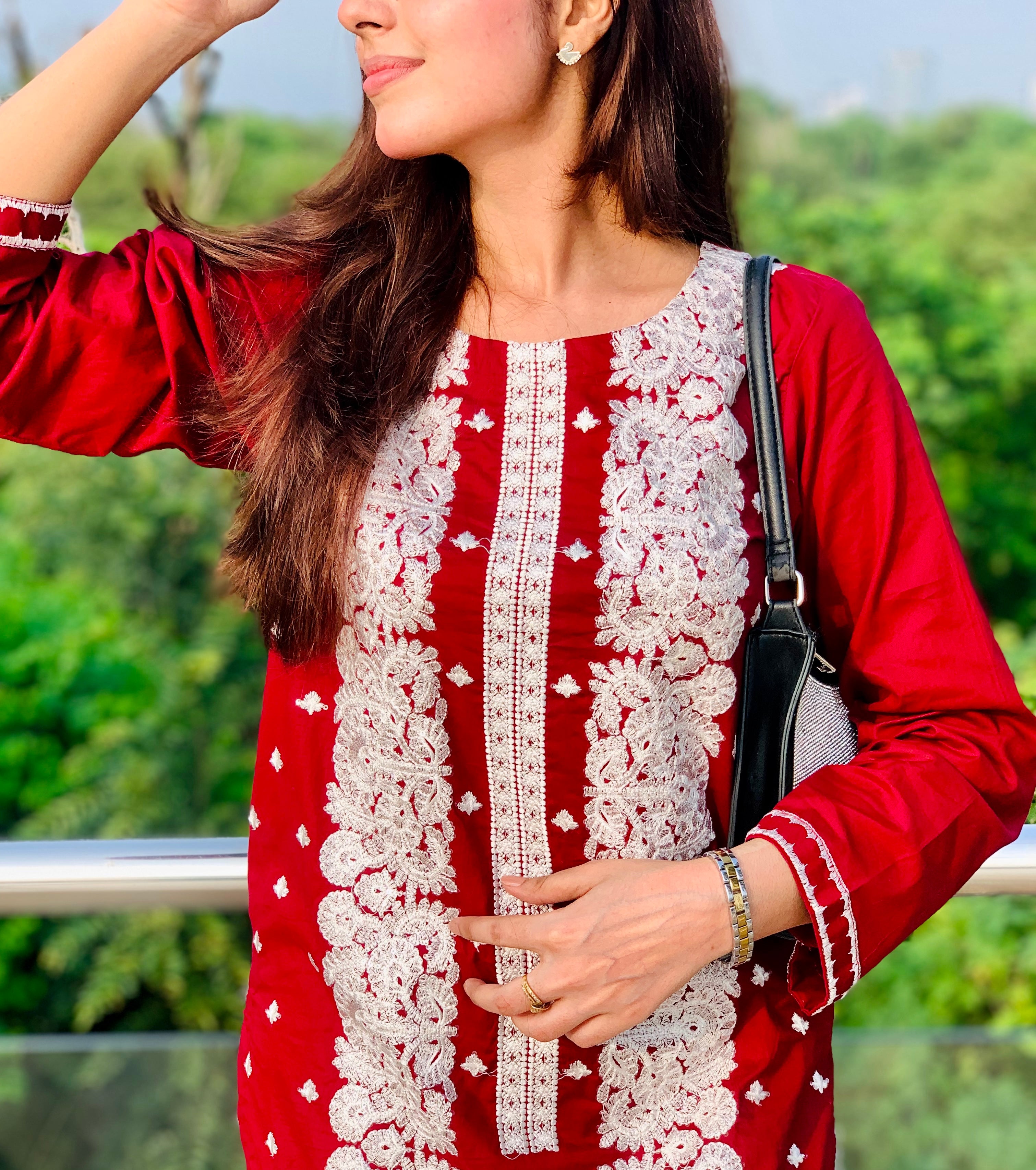 Red Embroidered Suit with White Detailing Two Piece