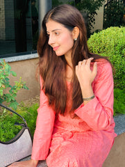 Peach Embroidered Suit with Matching Trousers Two Piece