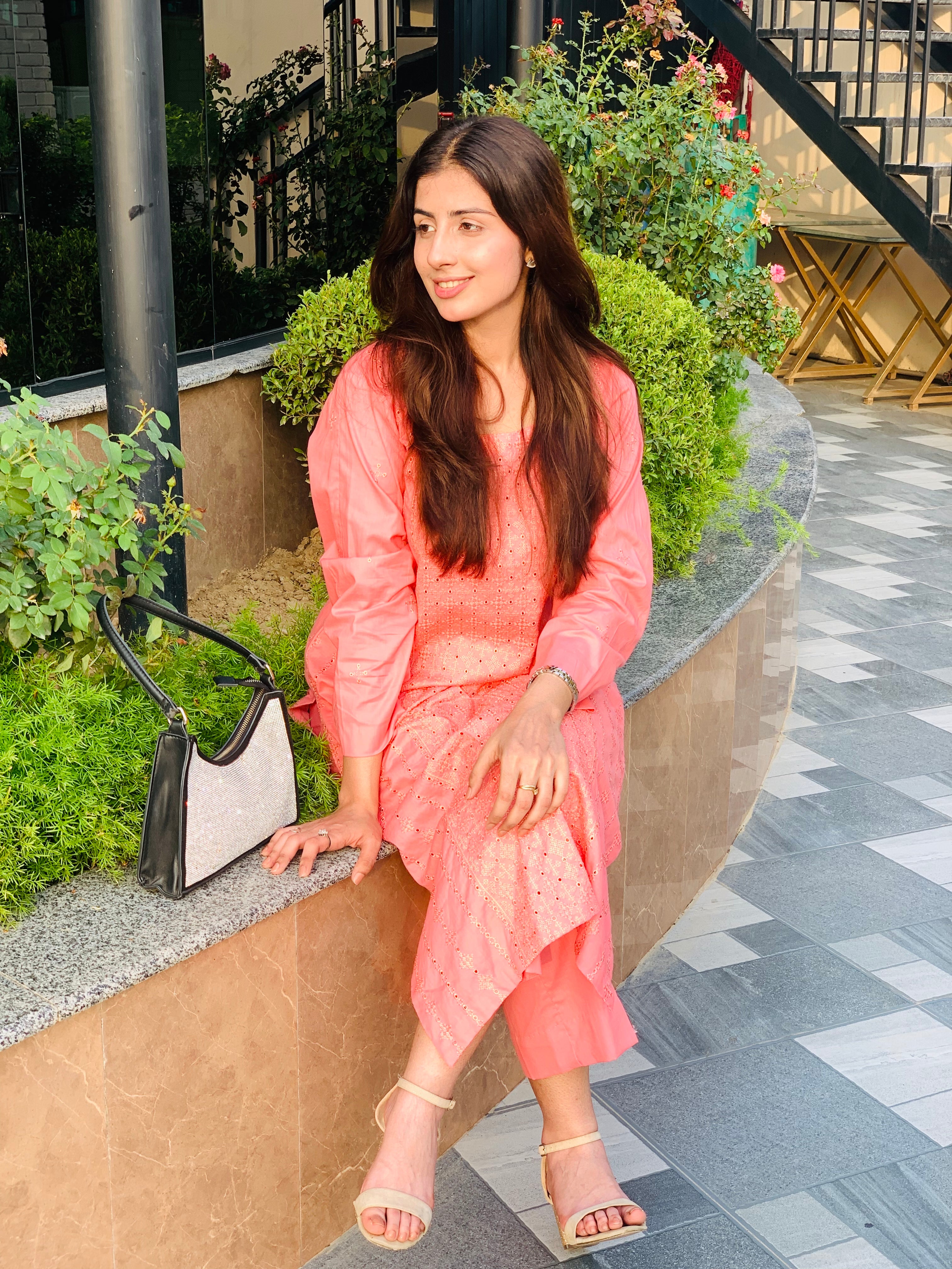 Peach Embroidered Suit with Matching Trousers Two Piece