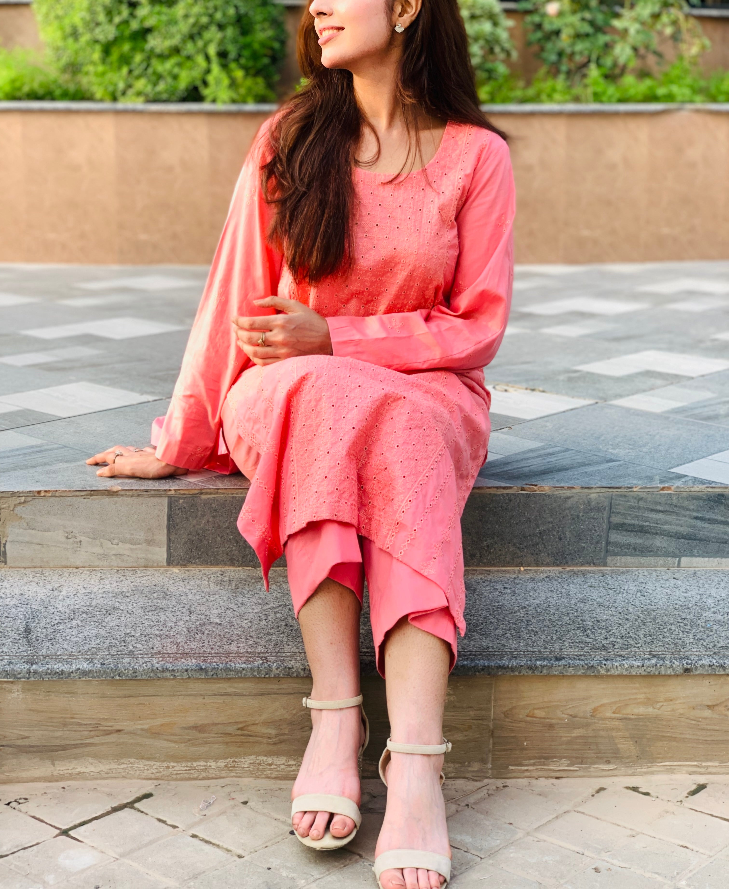 Peach Embroidered Suit with Matching Trousers Two Piece