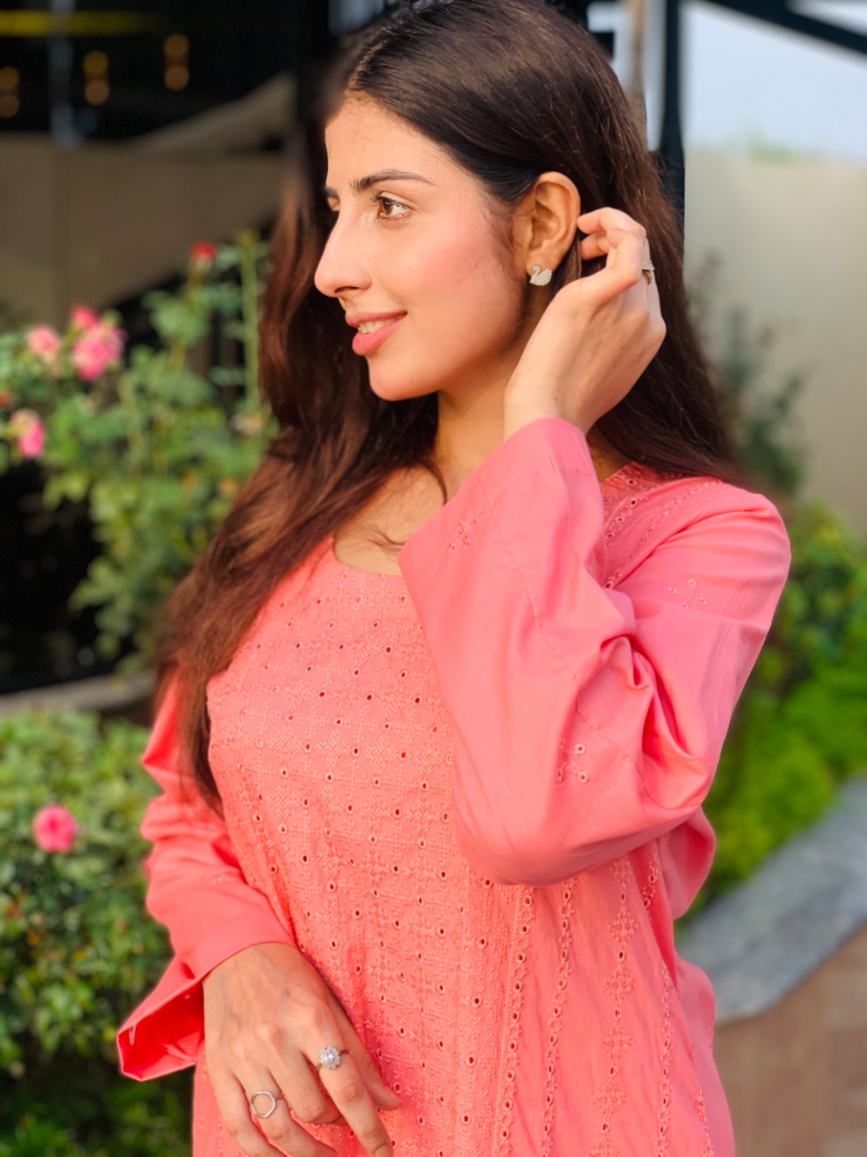 Peach Embroidered Suit with Matching Trousers Two Piece