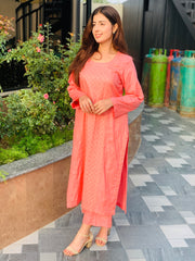 Peach Embroidered Suit with Matching Trousers Two Piece
