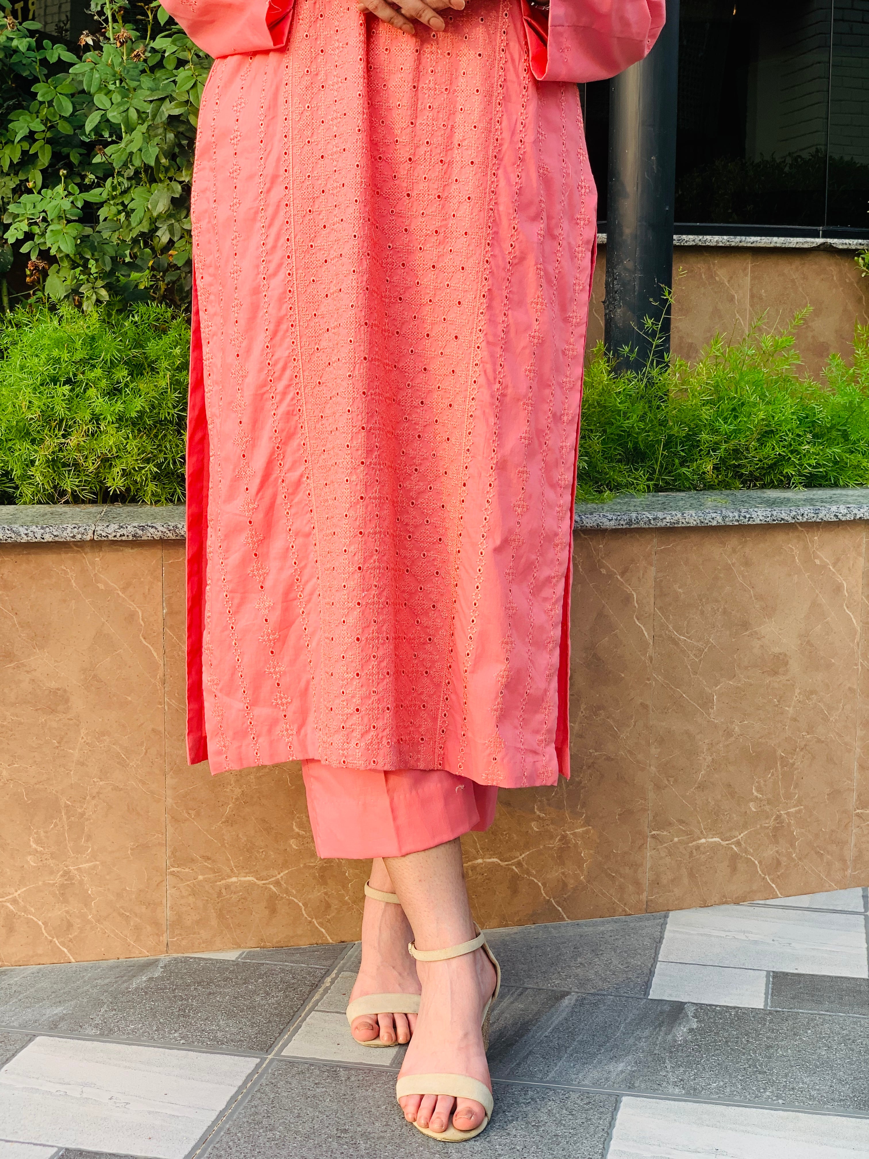 Peach Embroidered Suit with Matching Trousers Two Piece