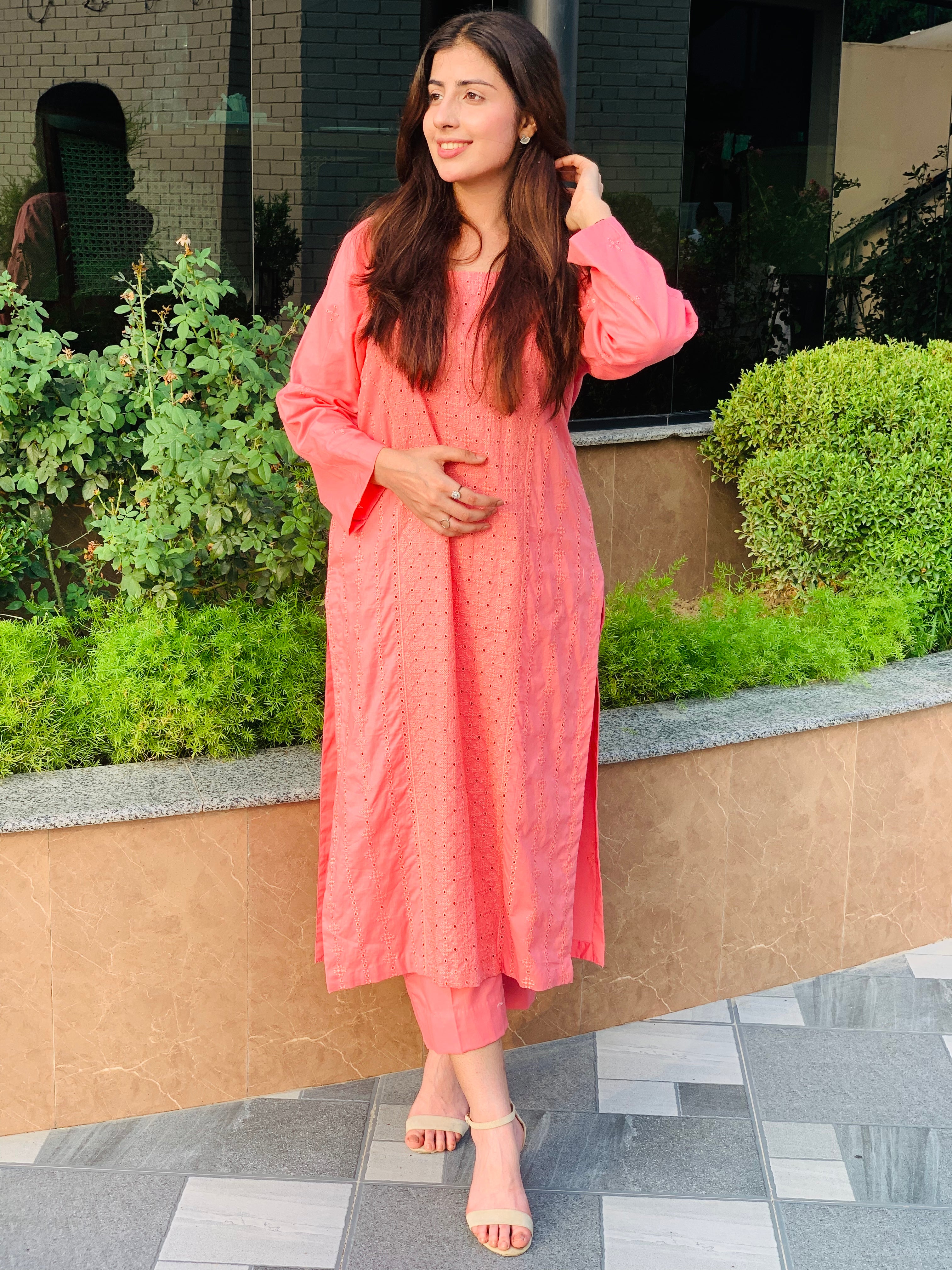 Peach Embroidered Suit with Matching Trousers Two Piece