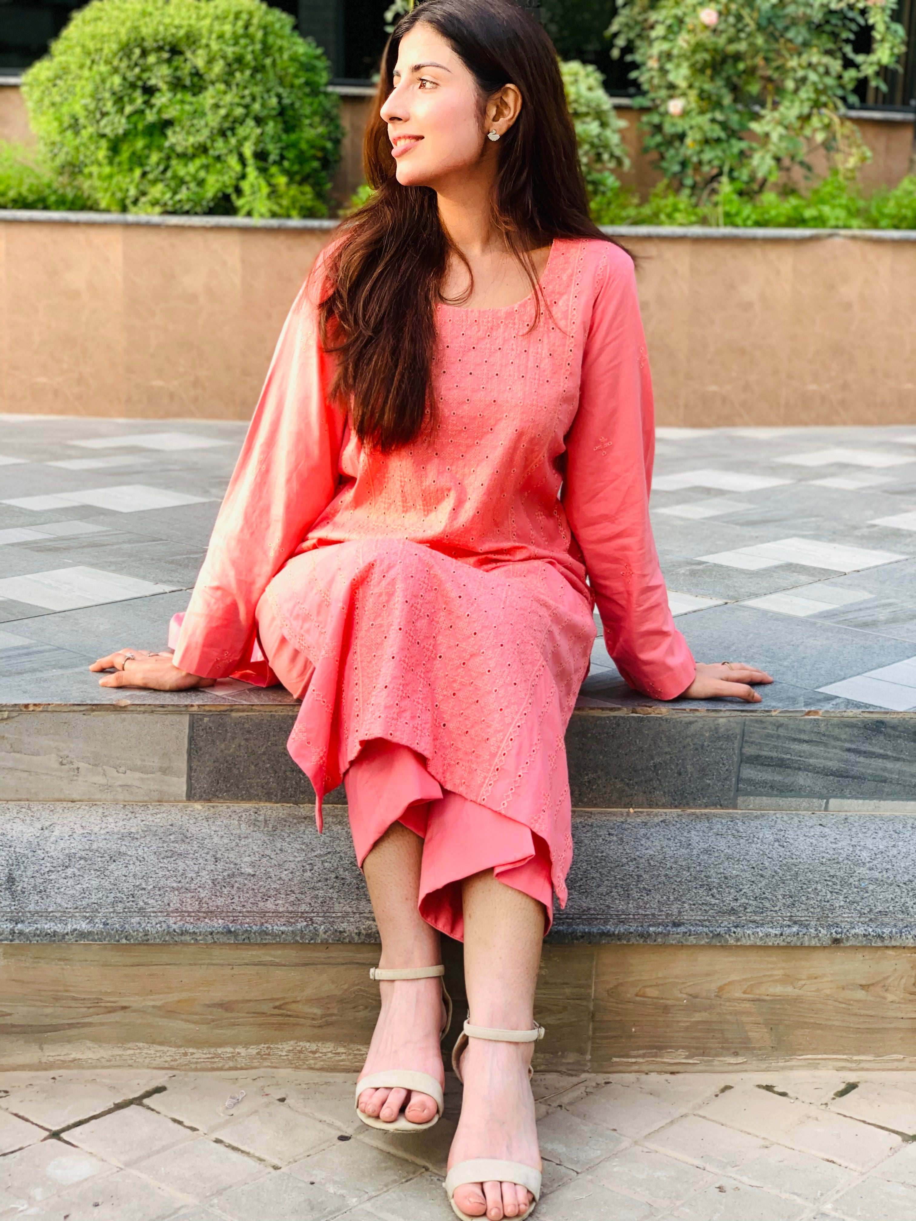 Peach Embroidered Suit with Matching Trousers Two Piece