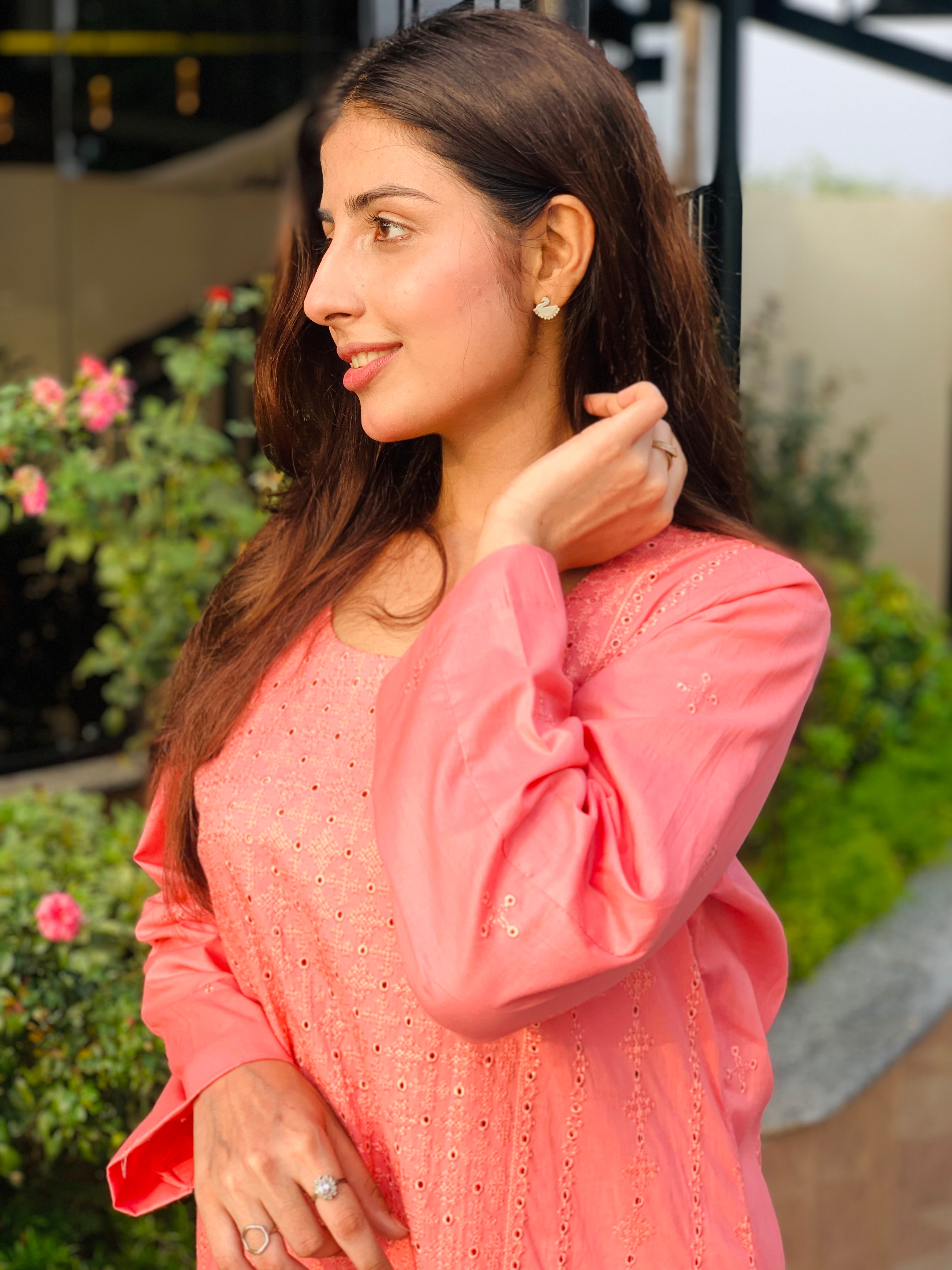 Peach Embroidered Suit with Matching Trousers Two Piece