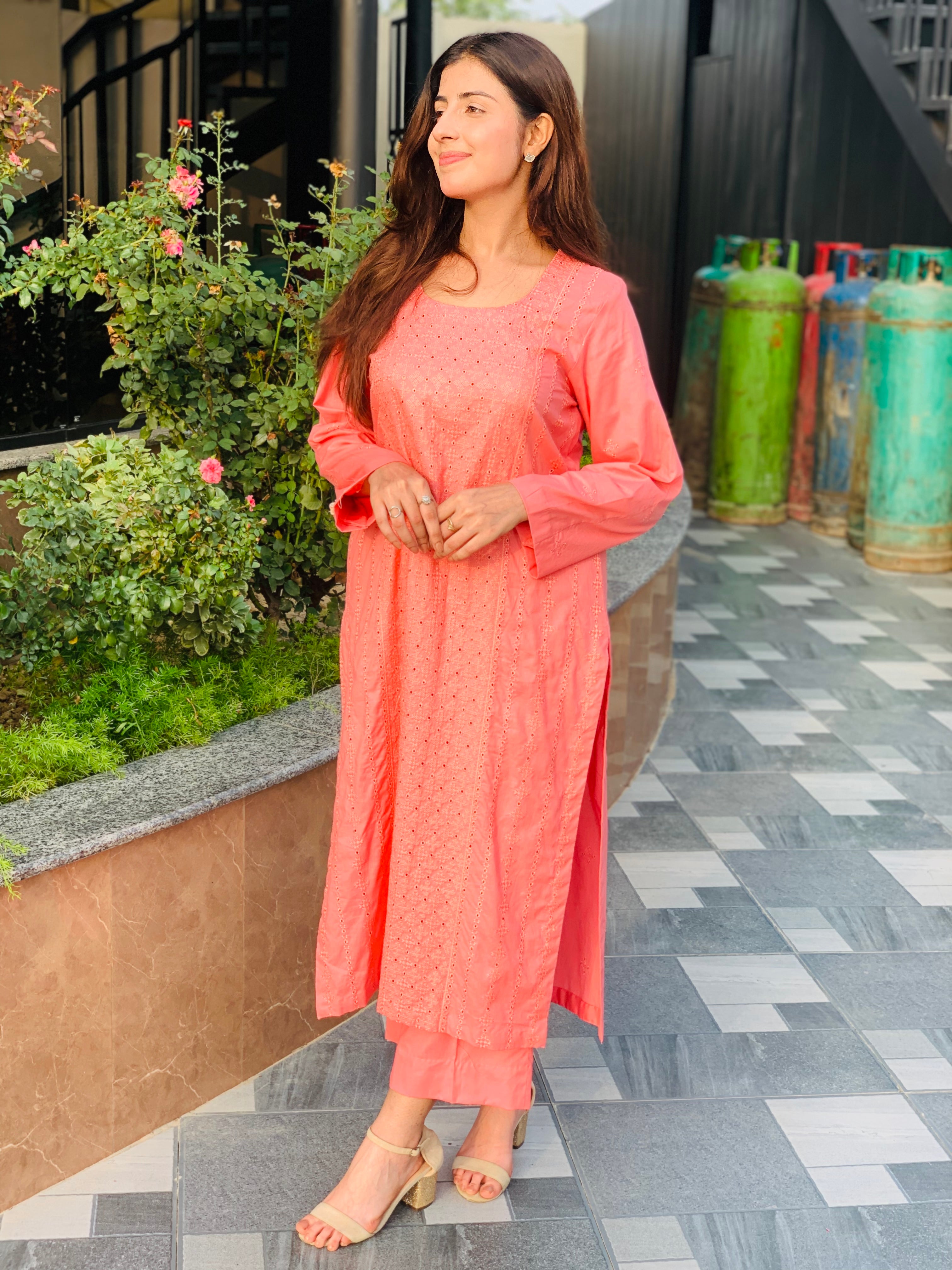 Peach Embroidered Suit with Matching Trousers Two Piece