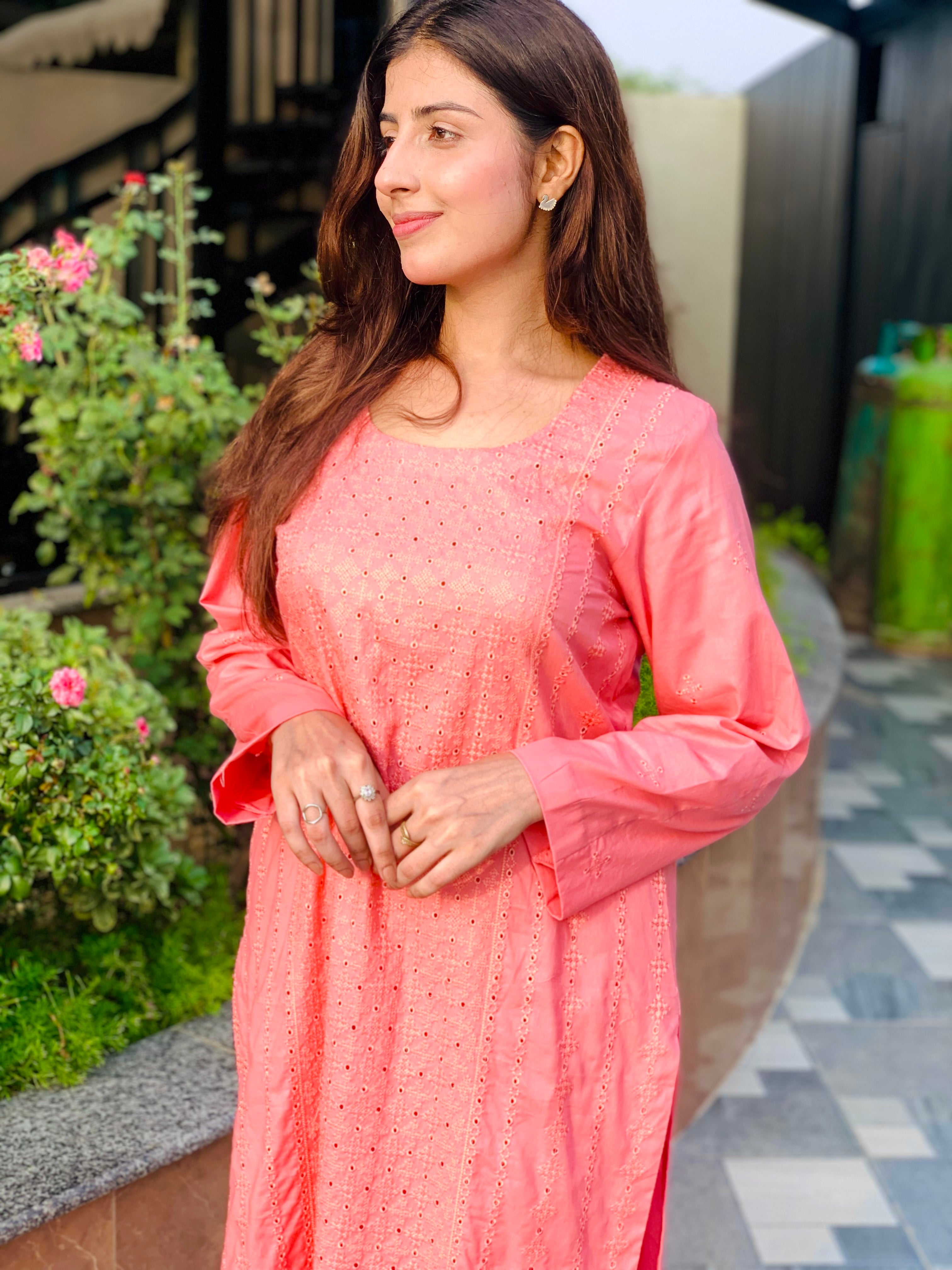 Peach Embroidered Suit with Matching Trousers Two Piece