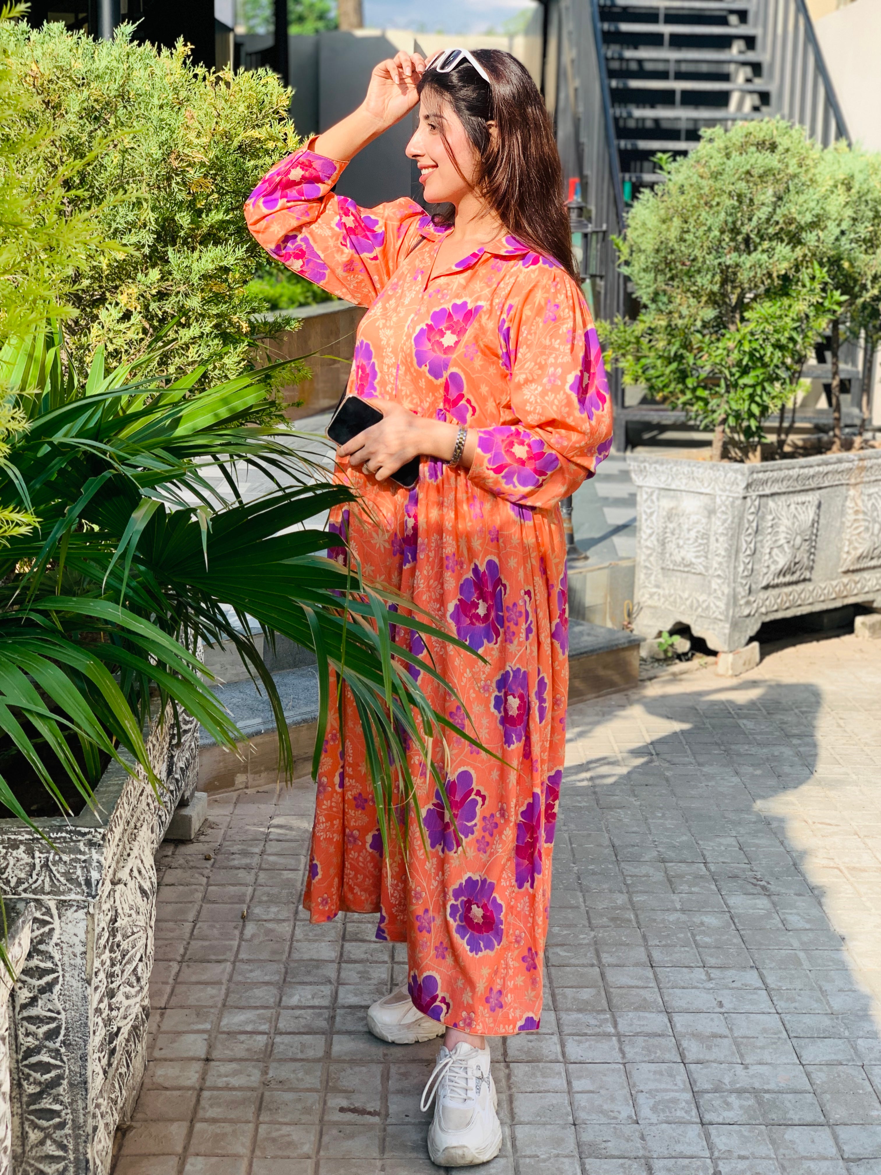 Orange Floral Printed Maxi Dress One Piece