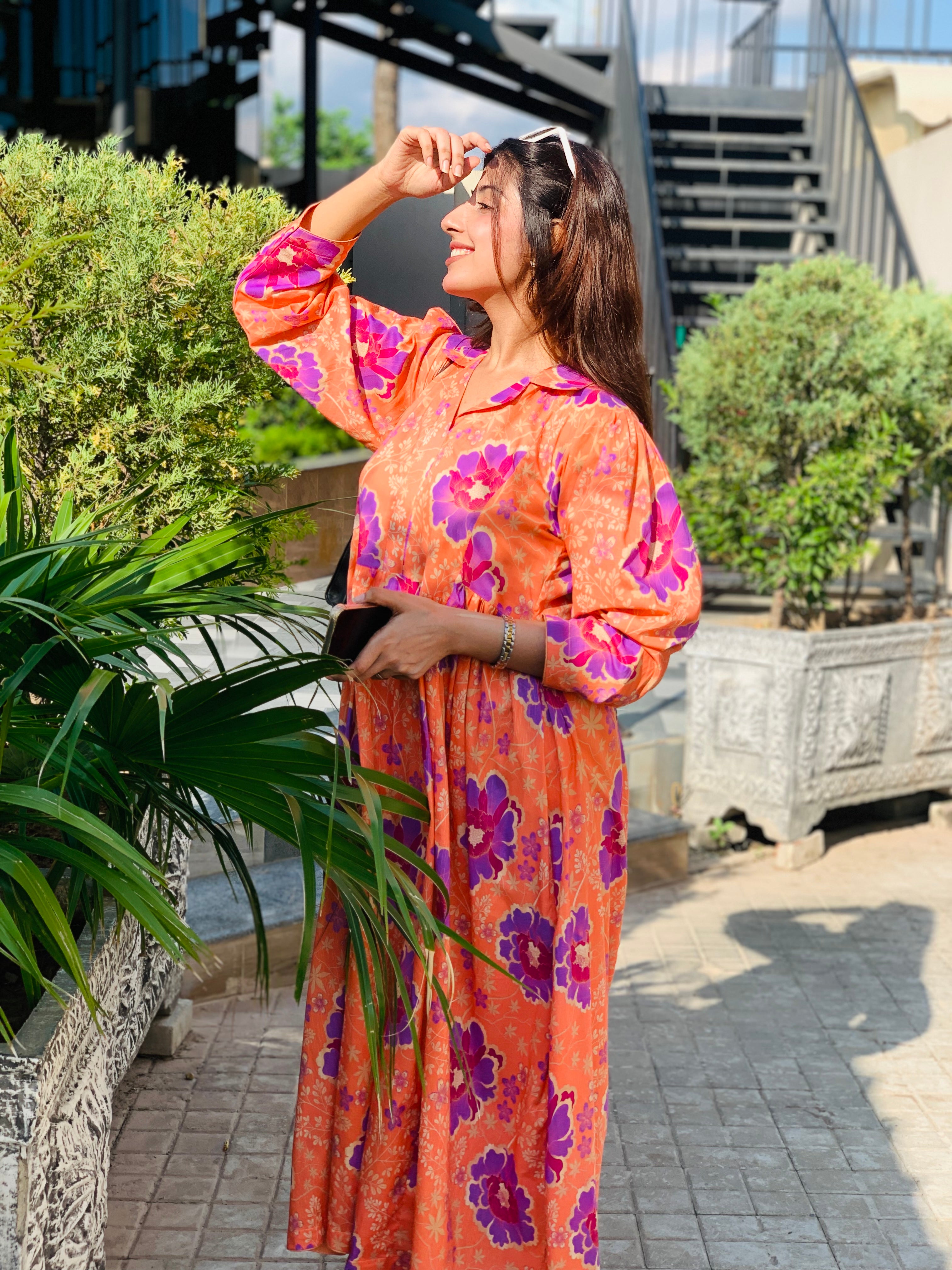 Orange Floral Printed Maxi Dress One Piece