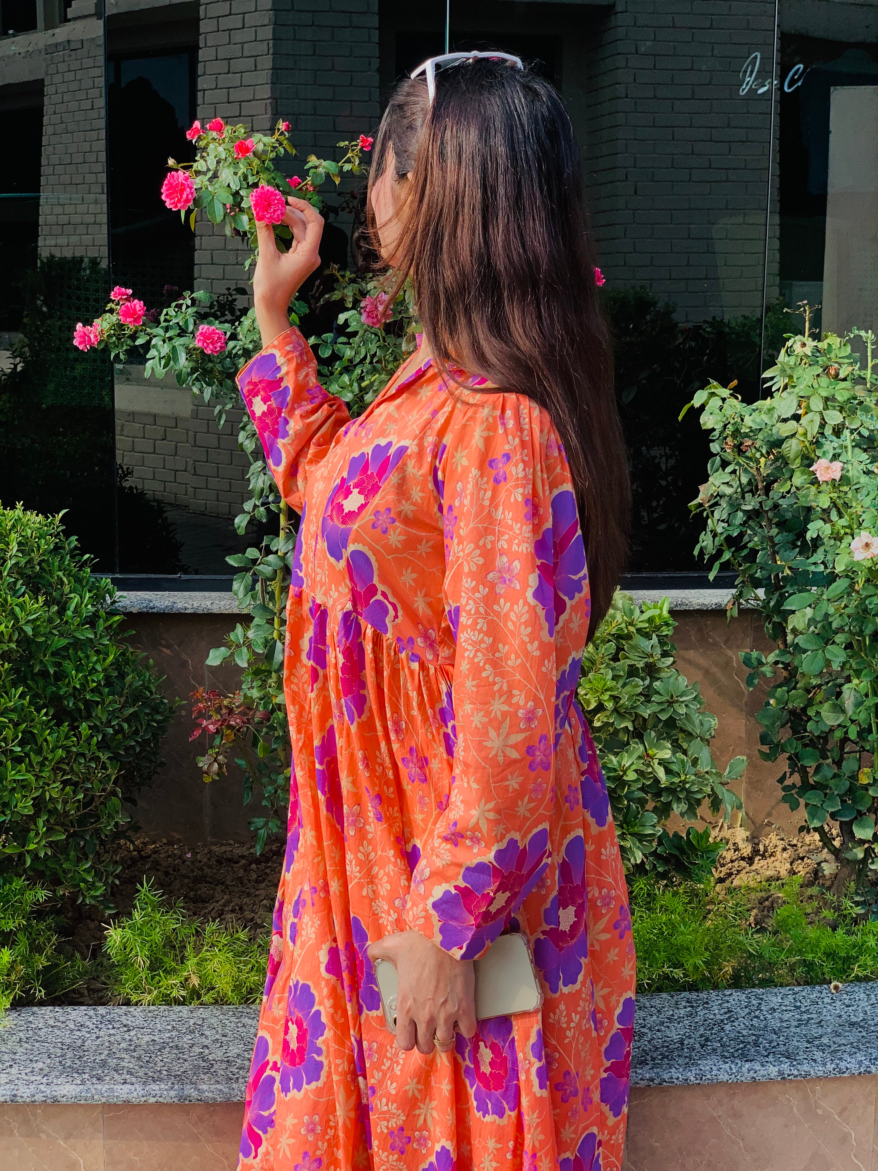 Orange Floral Printed Maxi Dress One Piece