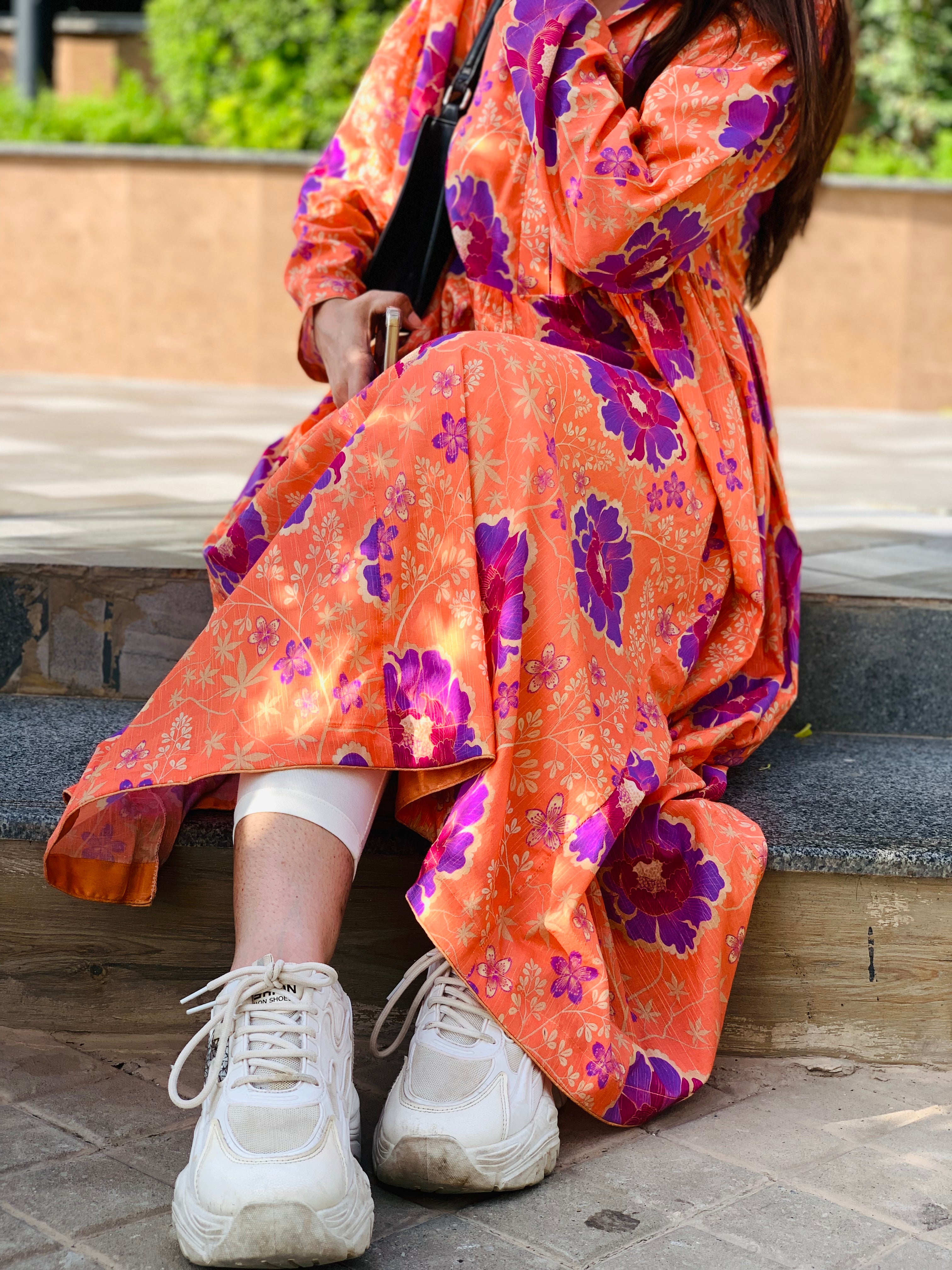 Orange Floral Printed Maxi Dress One Piece