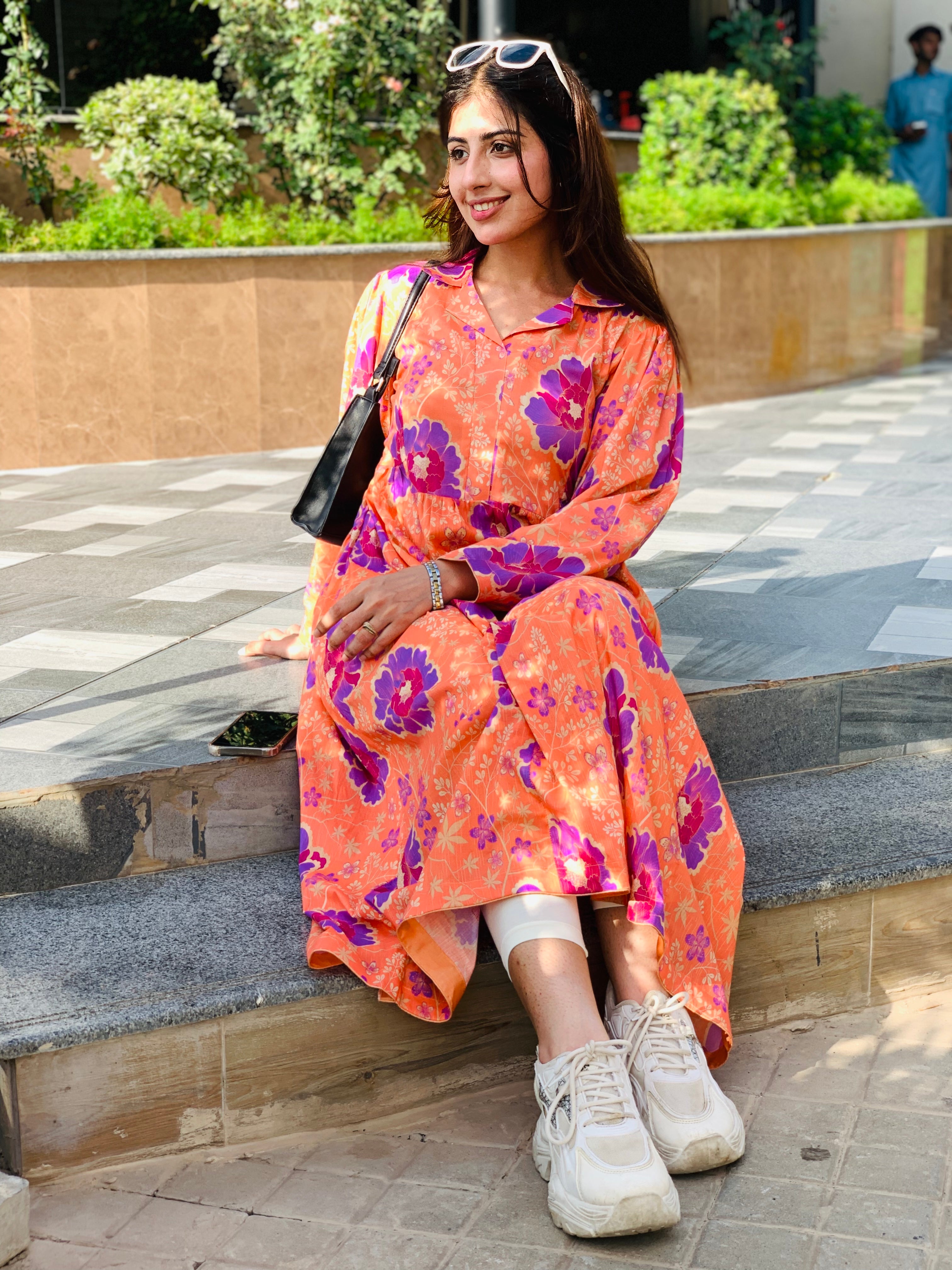 Orange Floral Printed Maxi Dress One Piece