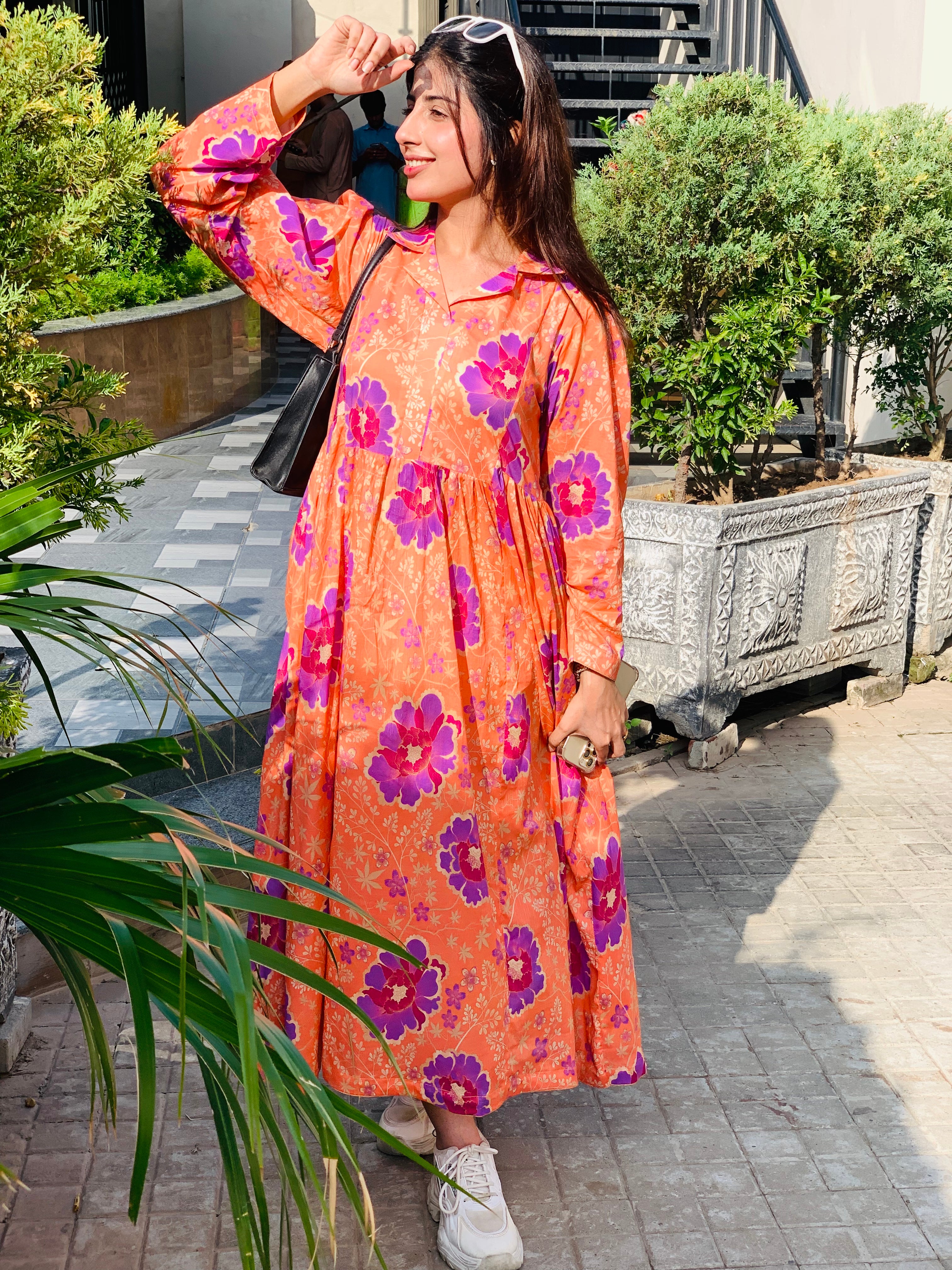 Orange Floral Printed Maxi Dress One Piece
