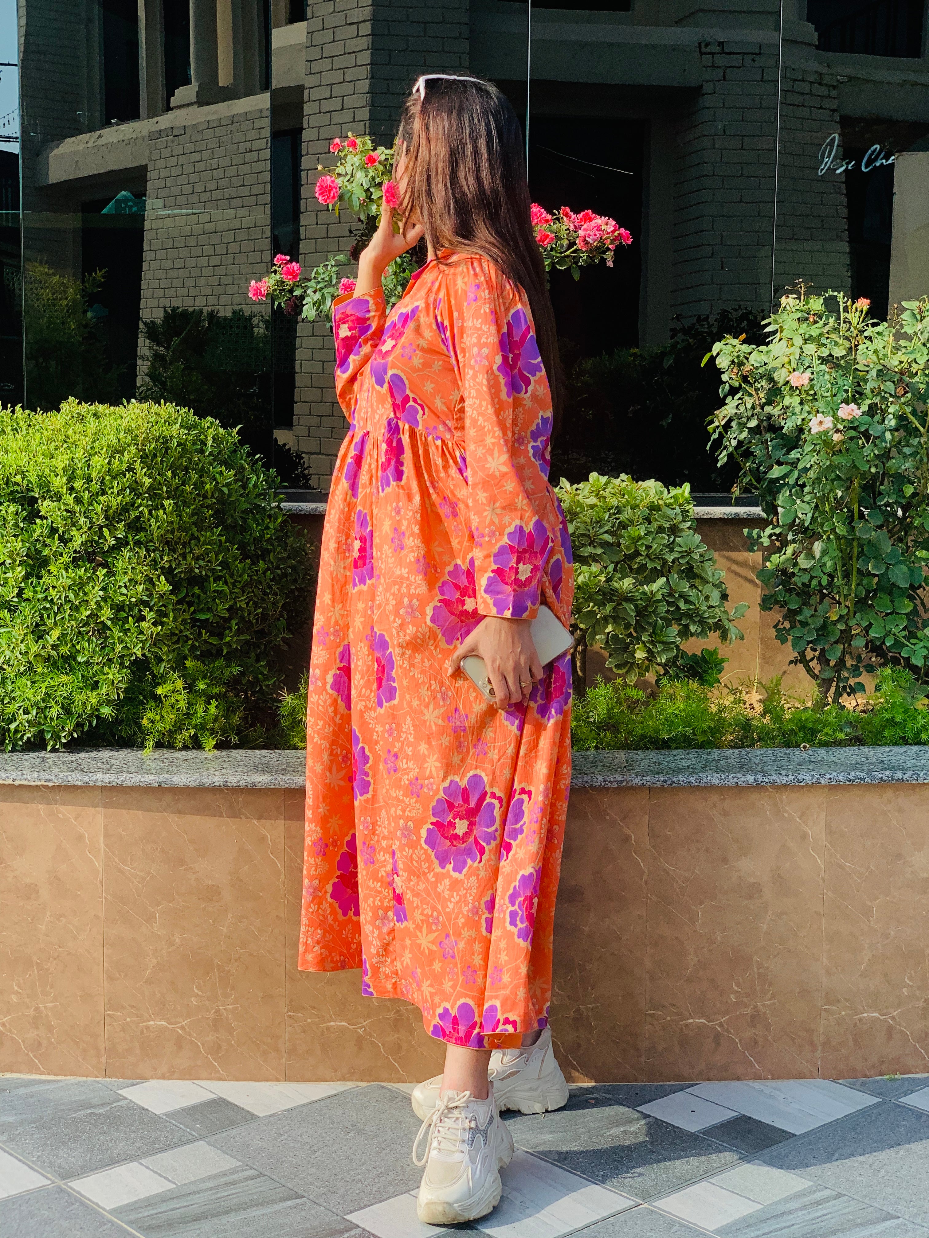 Orange Floral Printed Maxi Dress One Piece