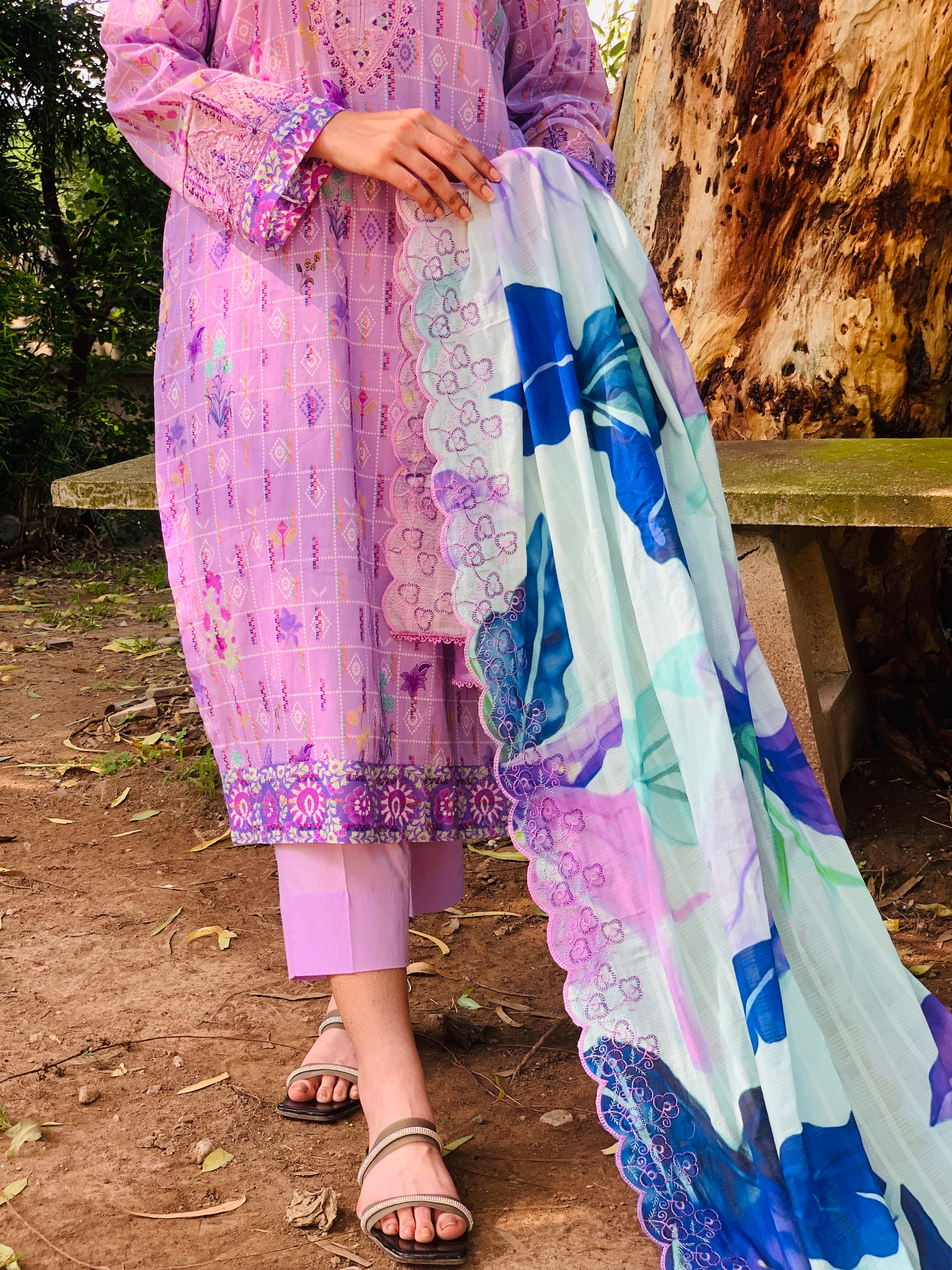 Lavender Printed Suit with Embroidery Three Piece