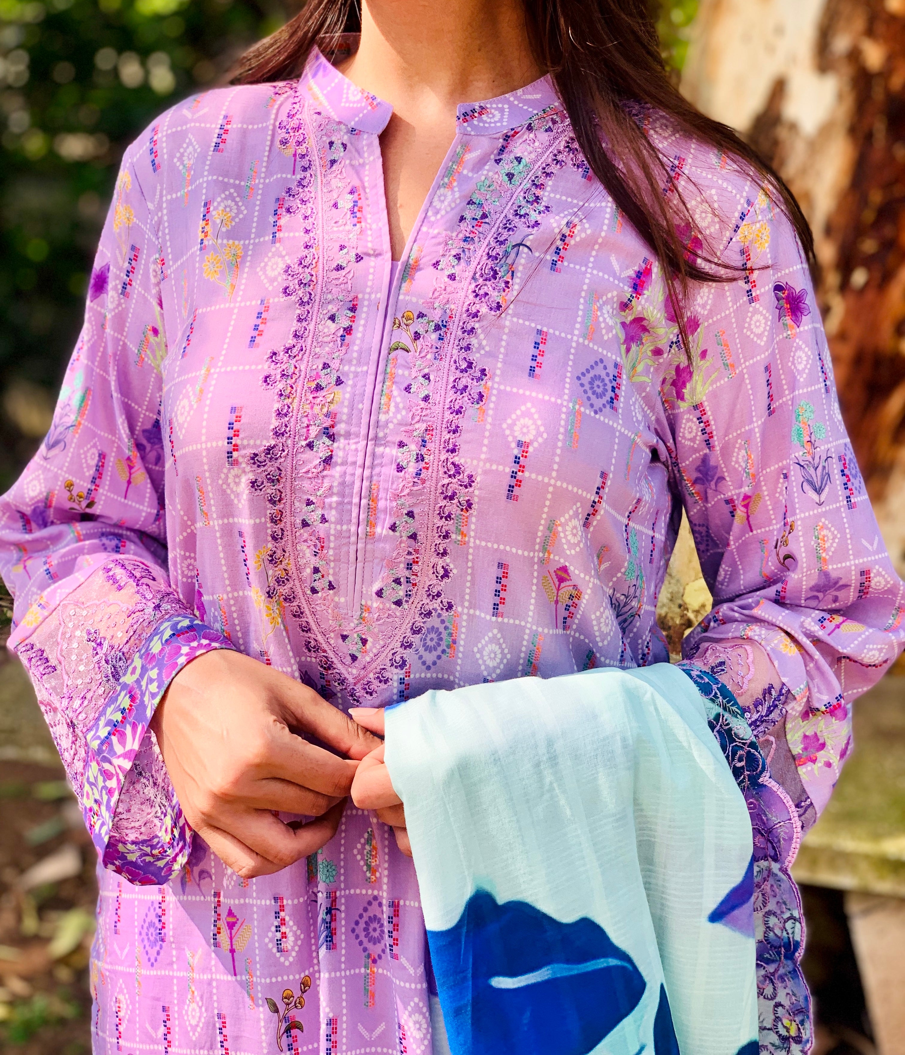 Lavender Printed Suit with Embroidery Three Piece
