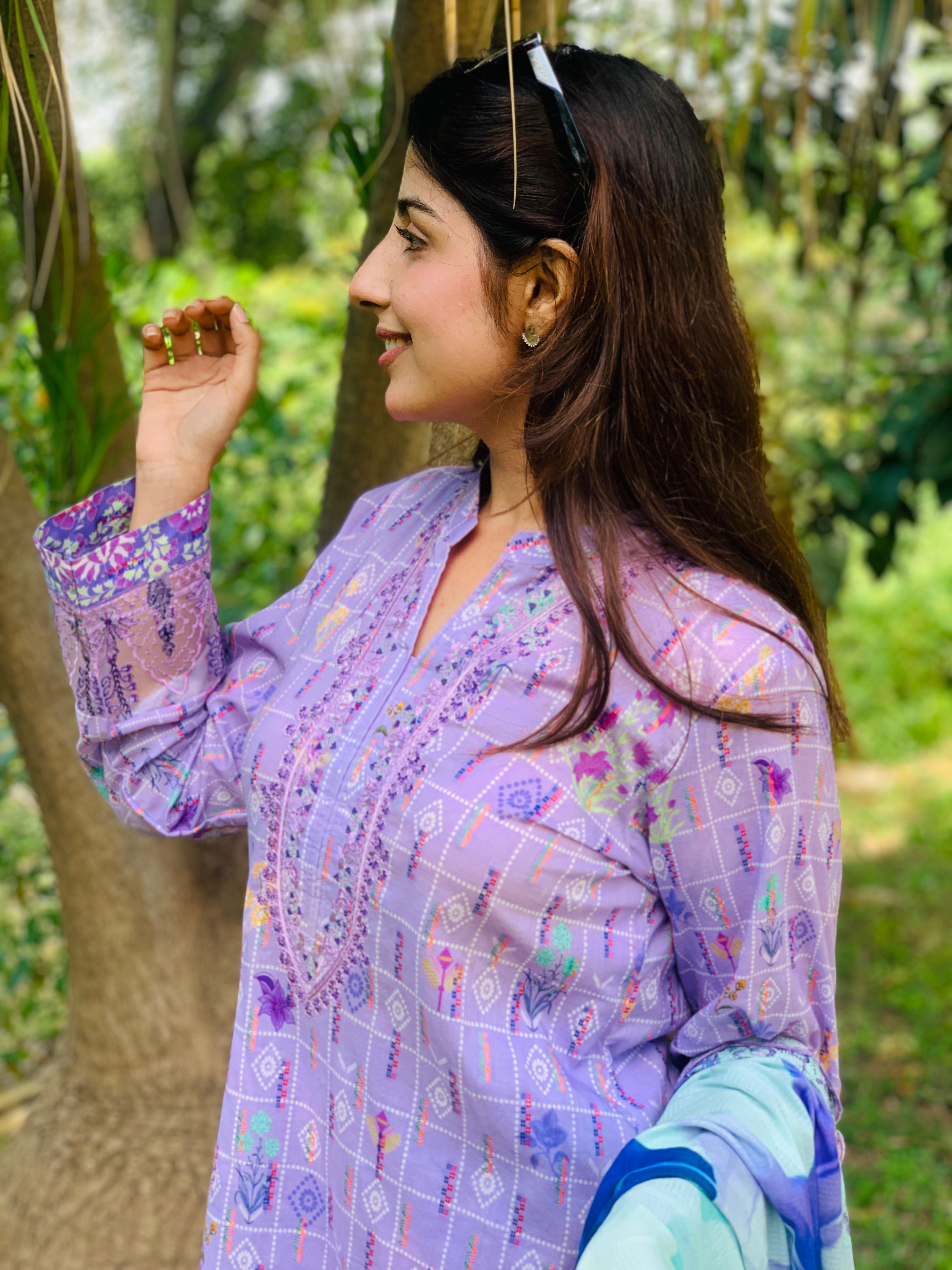 Lavender Printed Suit with Embroidery Three Piece
