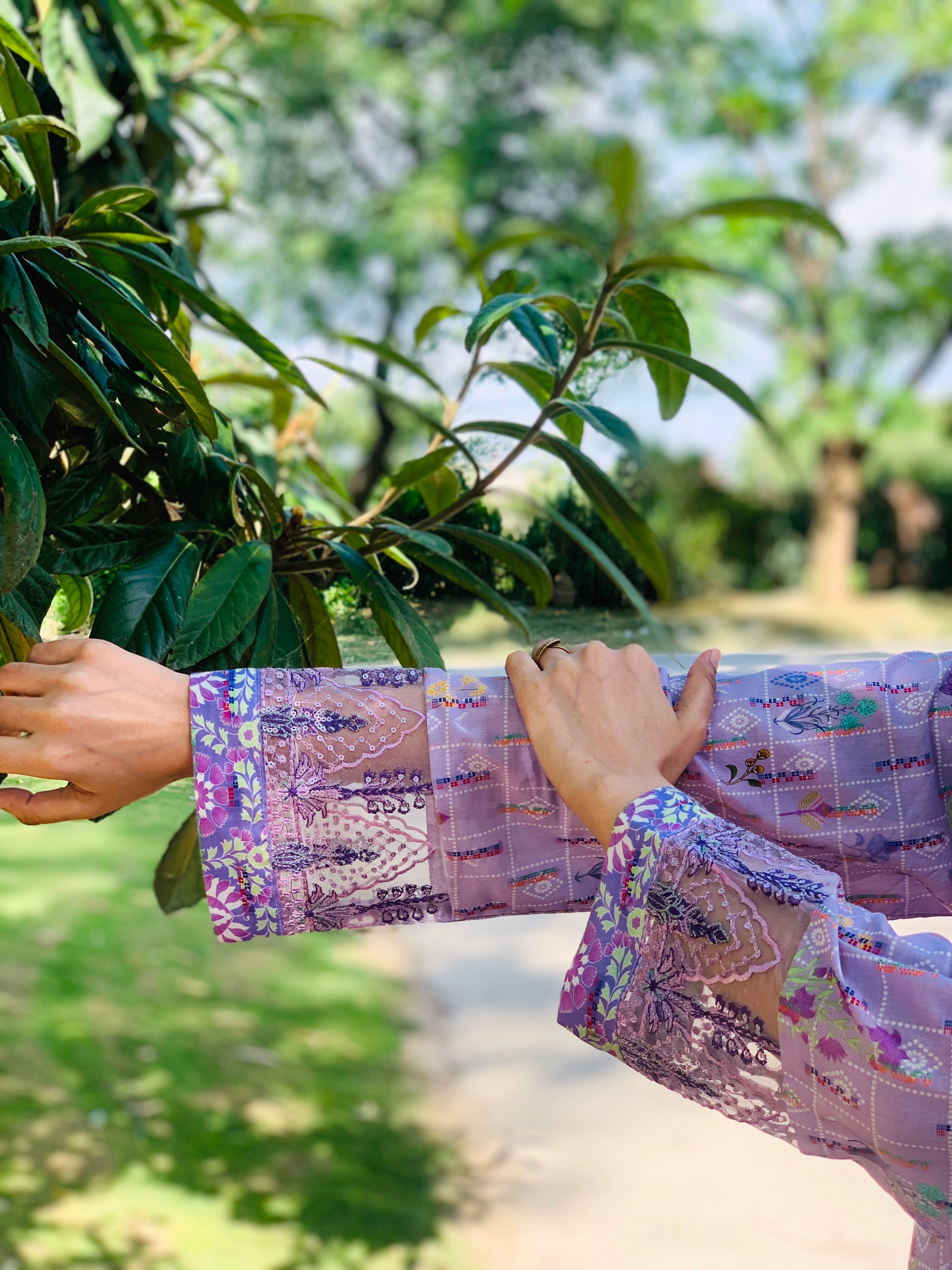 Lavender Printed Suit with Embroidery Three Piece