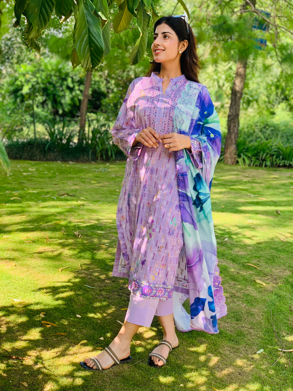 Lavender Printed Suit with Embroidery Three Piece