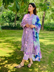 Lavender Printed Suit with Embroidery Three Piece