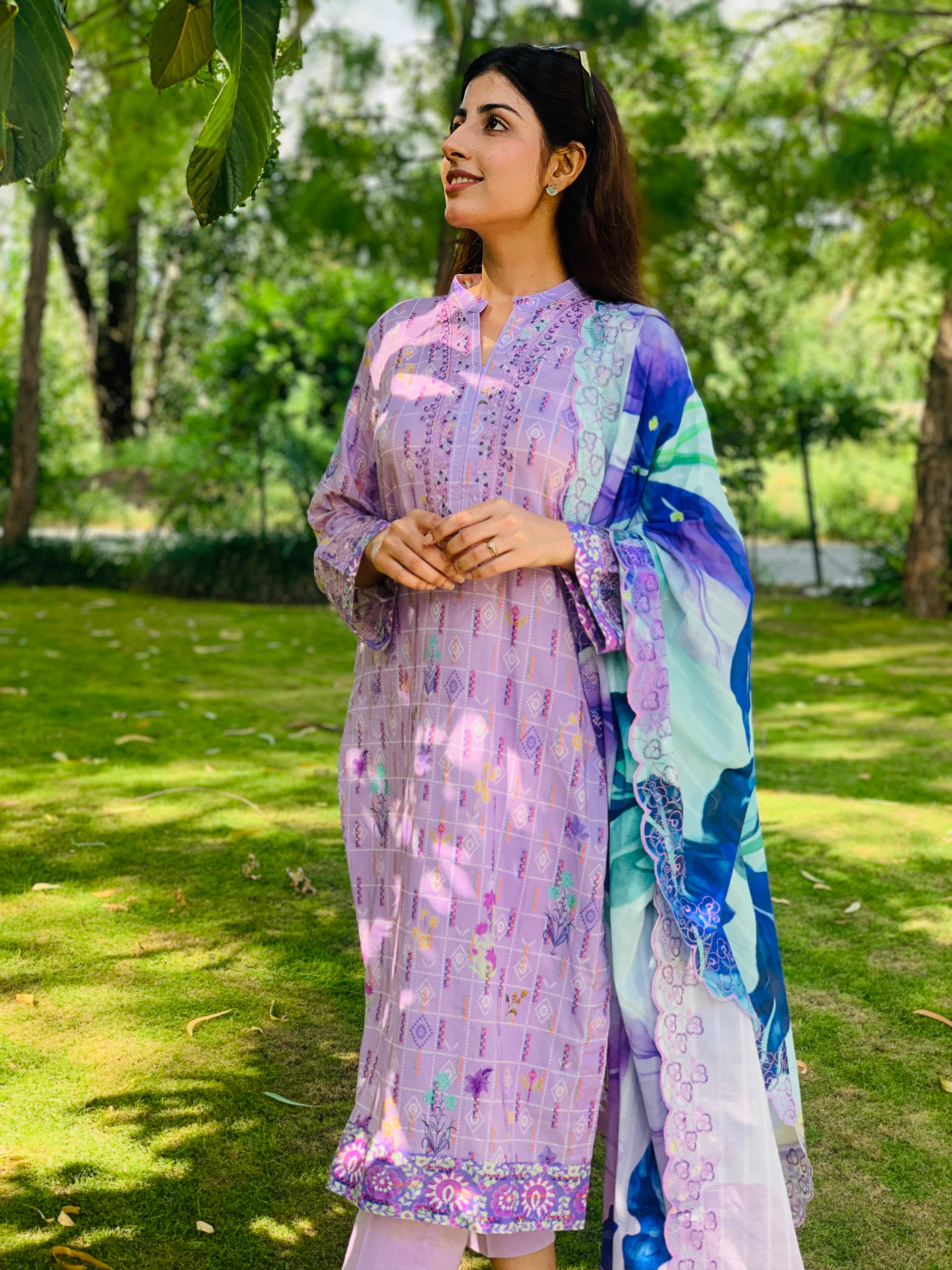 Lavender Printed Suit with Embroidery Three Piece