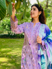 Lavender Printed Suit with Embroidery Three Piece