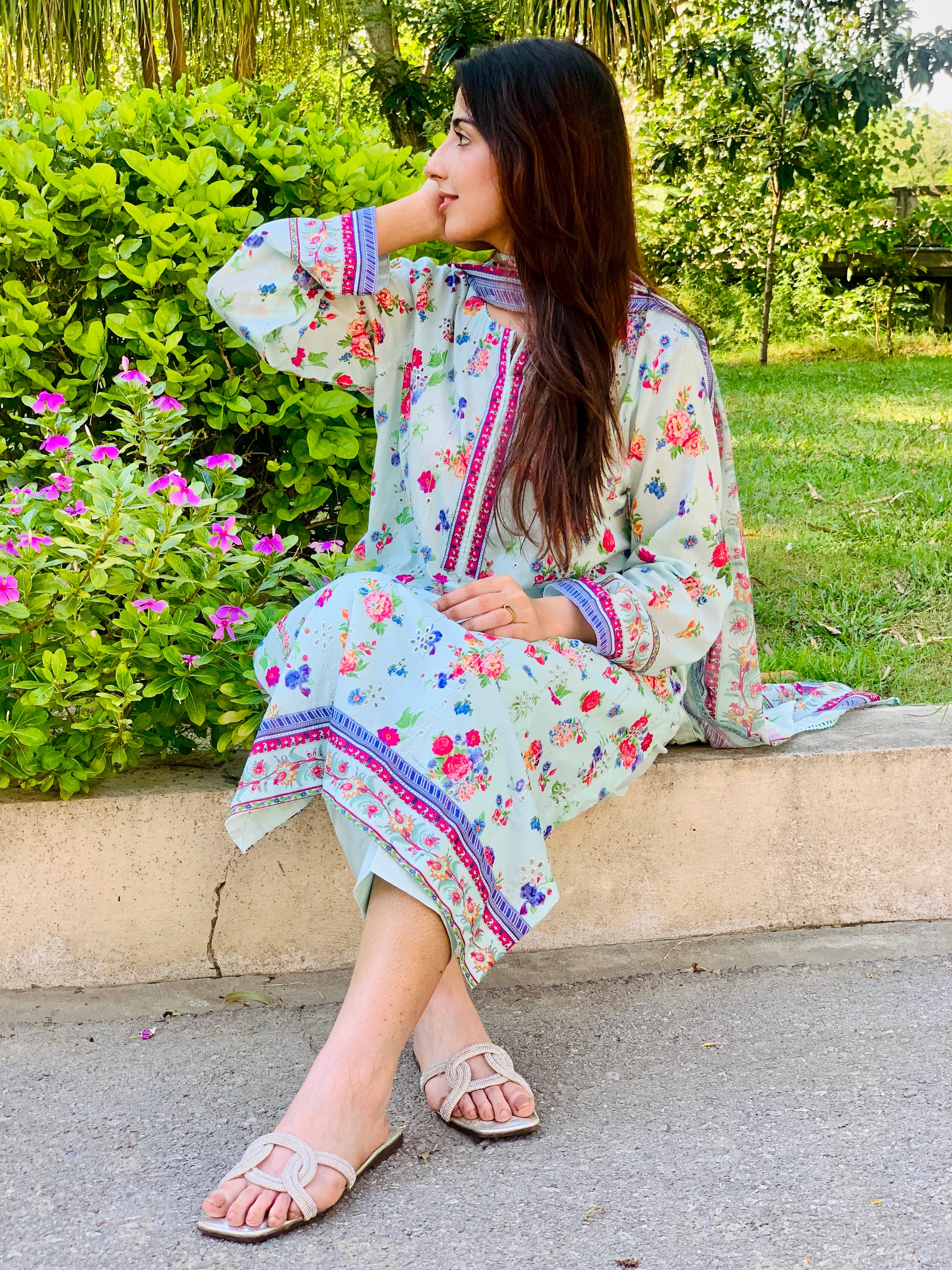 Light Green Floral Printed Suit with Dupatta Three Piece