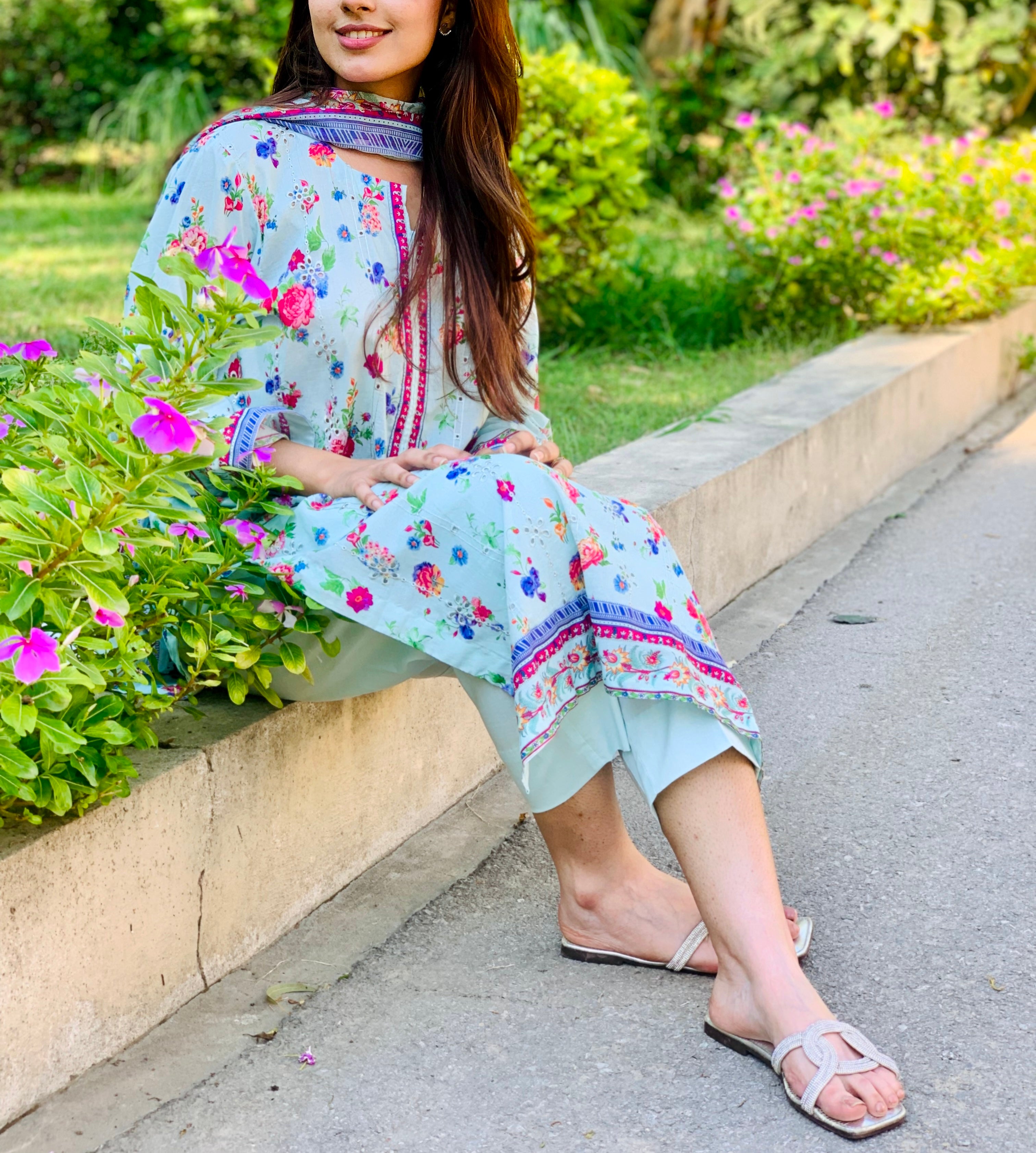 Light Green Floral Printed Suit with Dupatta Three Piece