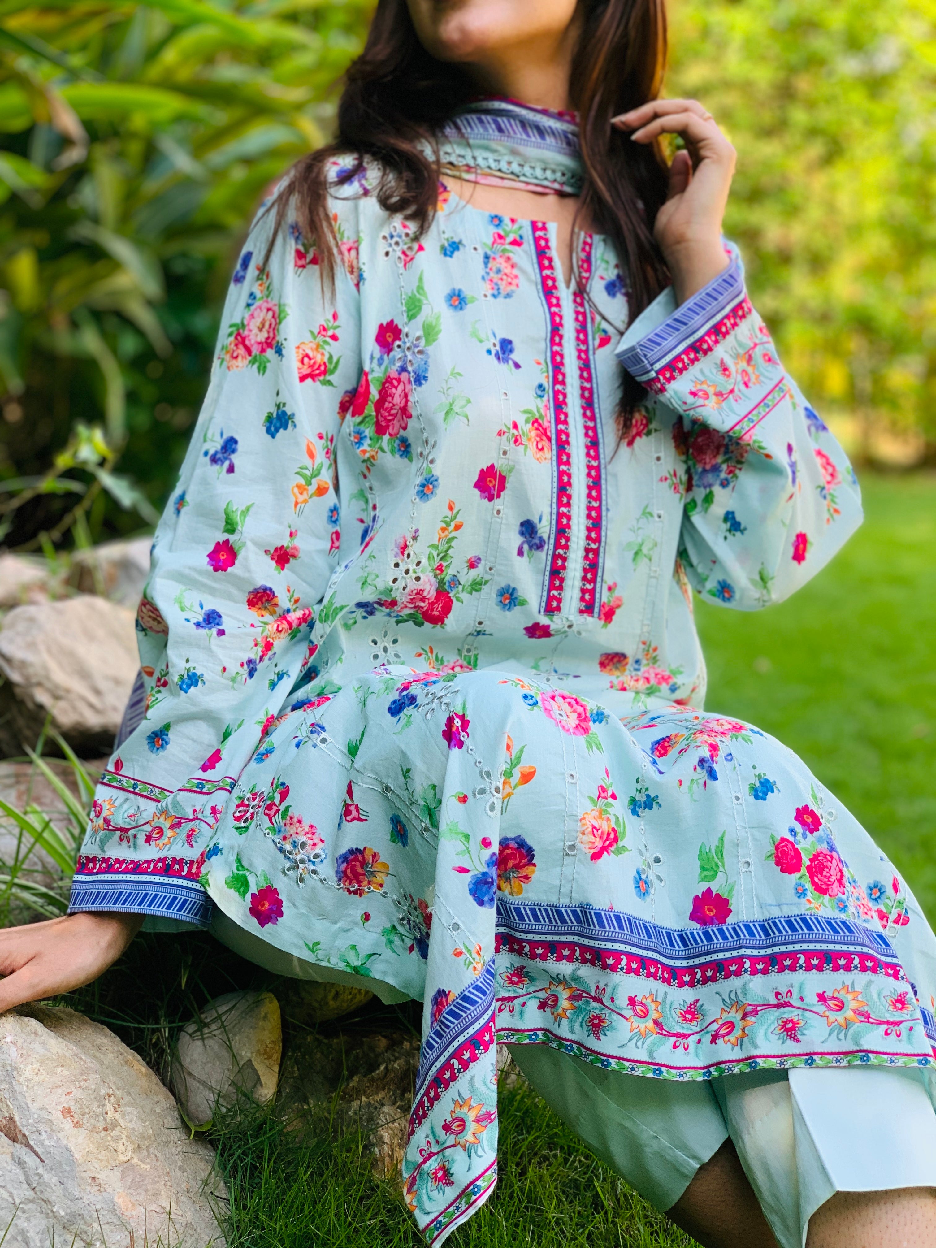 Light Green Floral Printed Suit with Dupatta Three Piece
