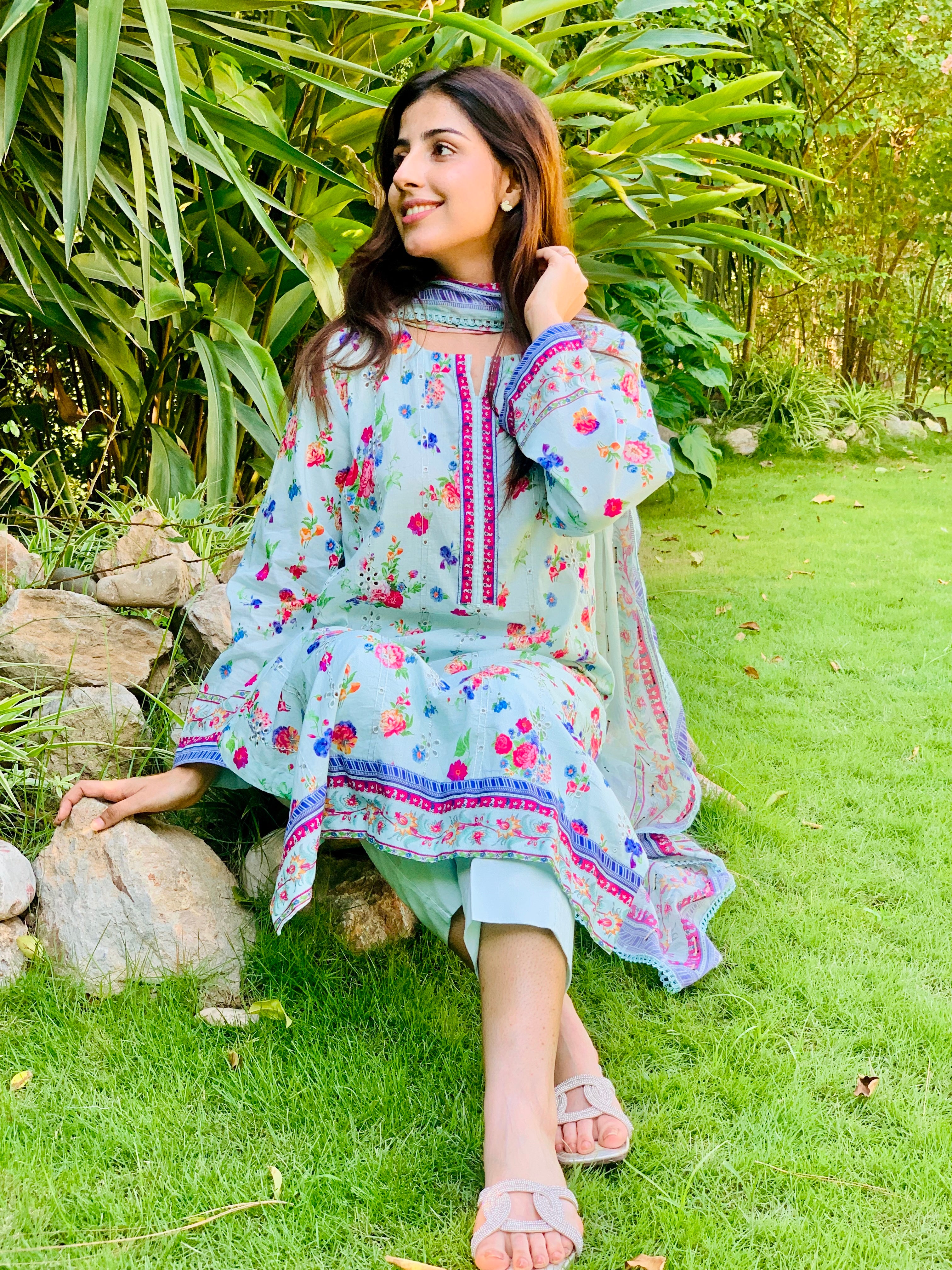 Light Green Floral Printed Suit with Dupatta Three Piece