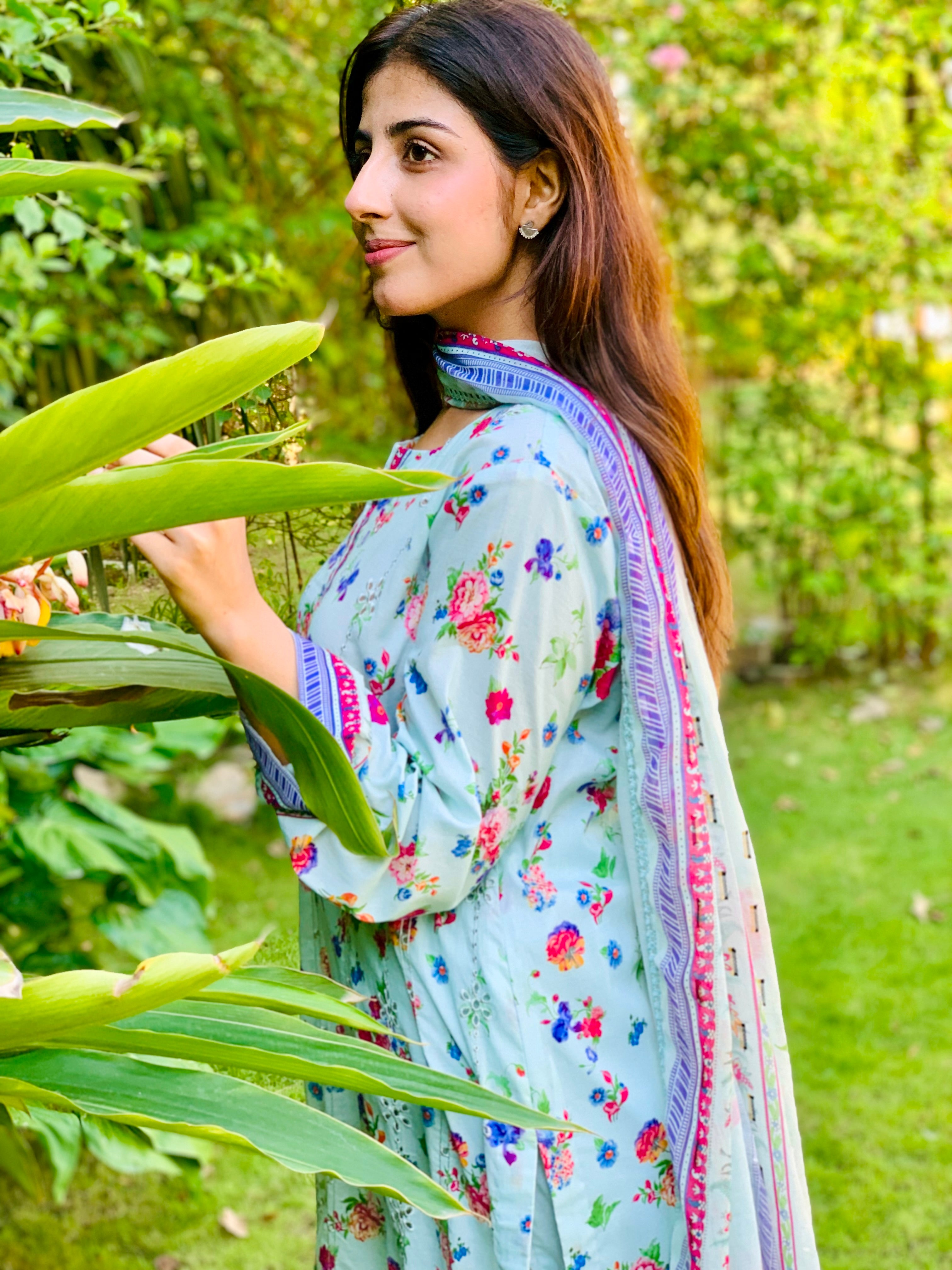 Light Green Floral Printed Suit with Dupatta Three Piece