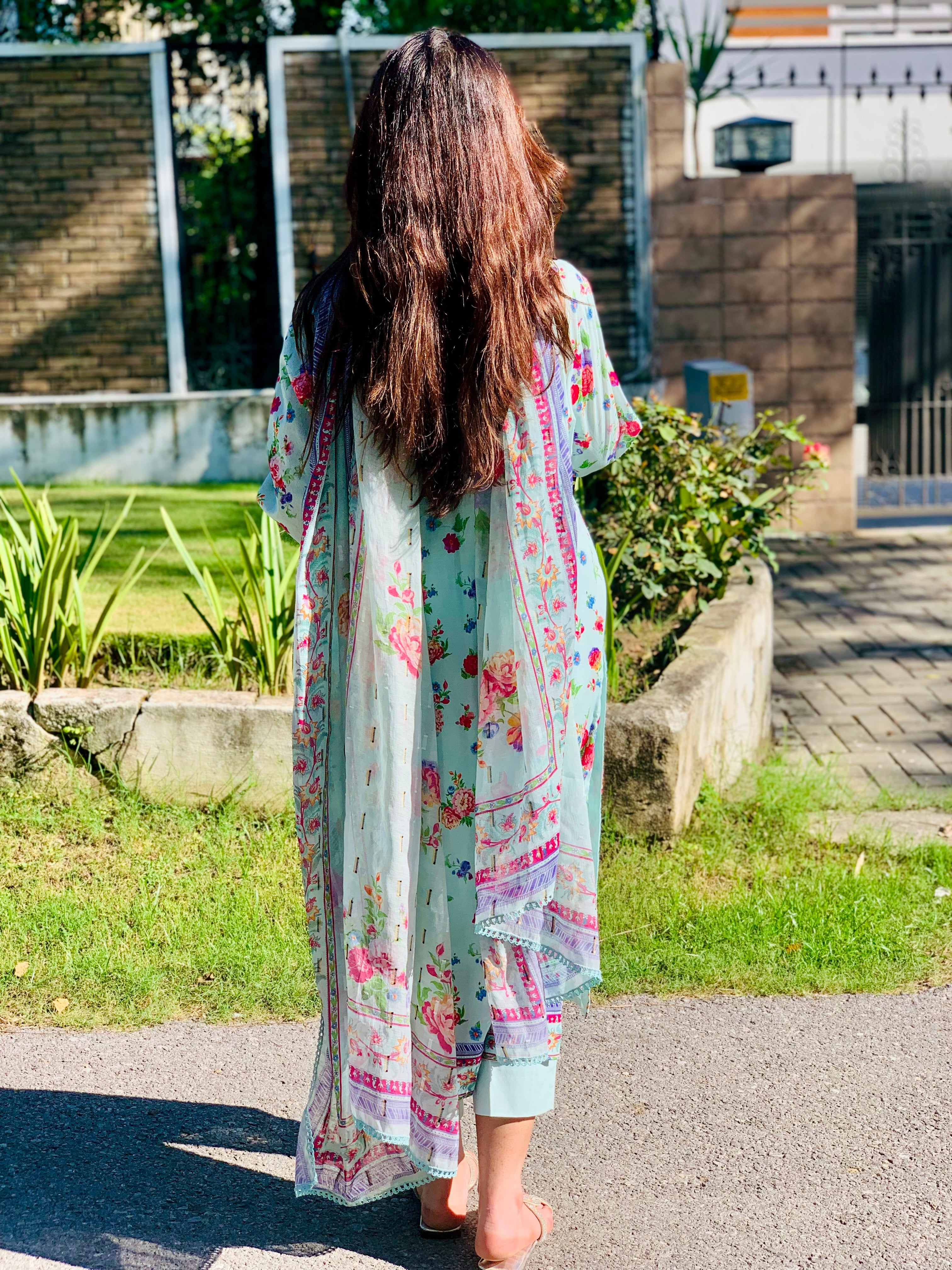Light Green Floral Printed Suit with Dupatta Three Piece