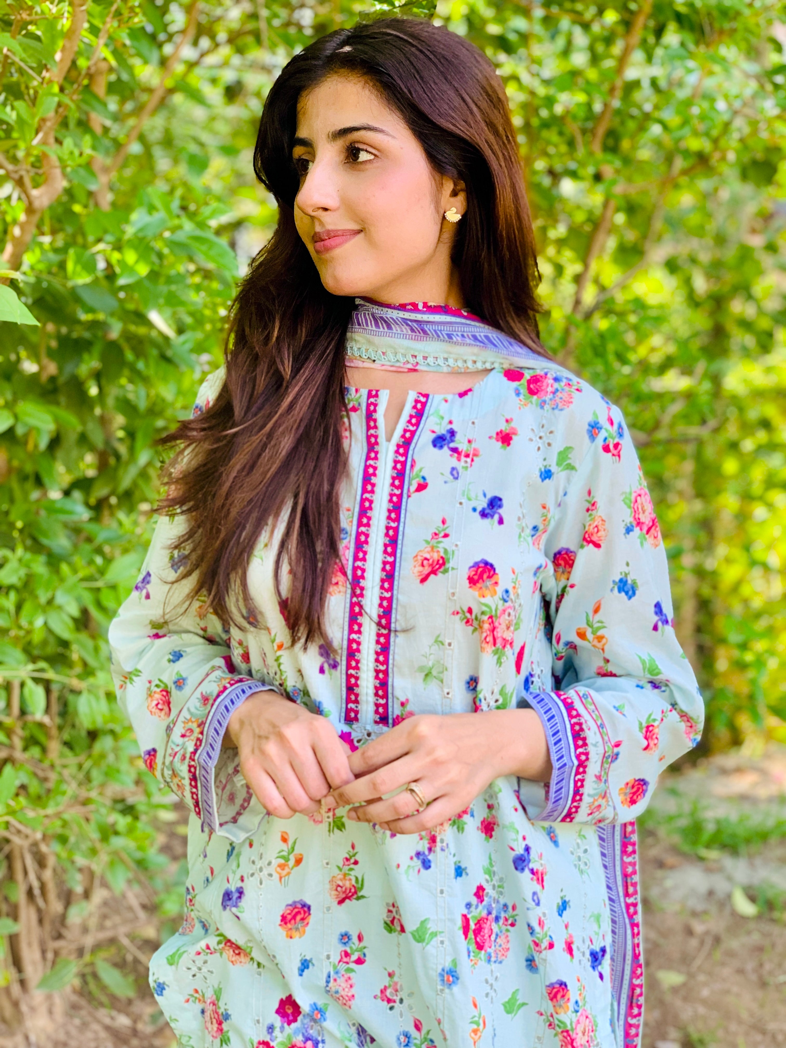 Light Green Floral Printed Suit with Dupatta Three Piece