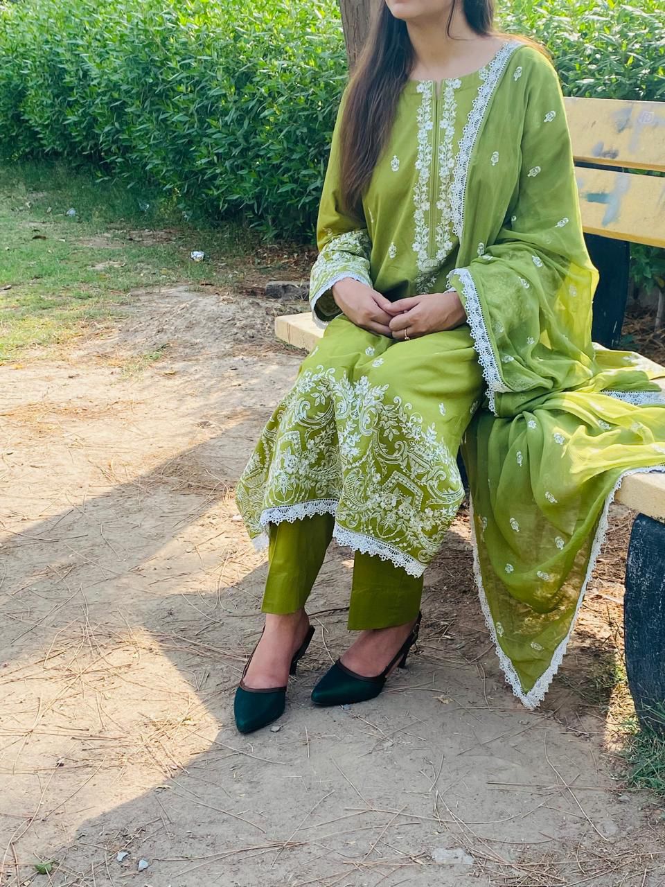 Olive Green Embroidered Three Piece