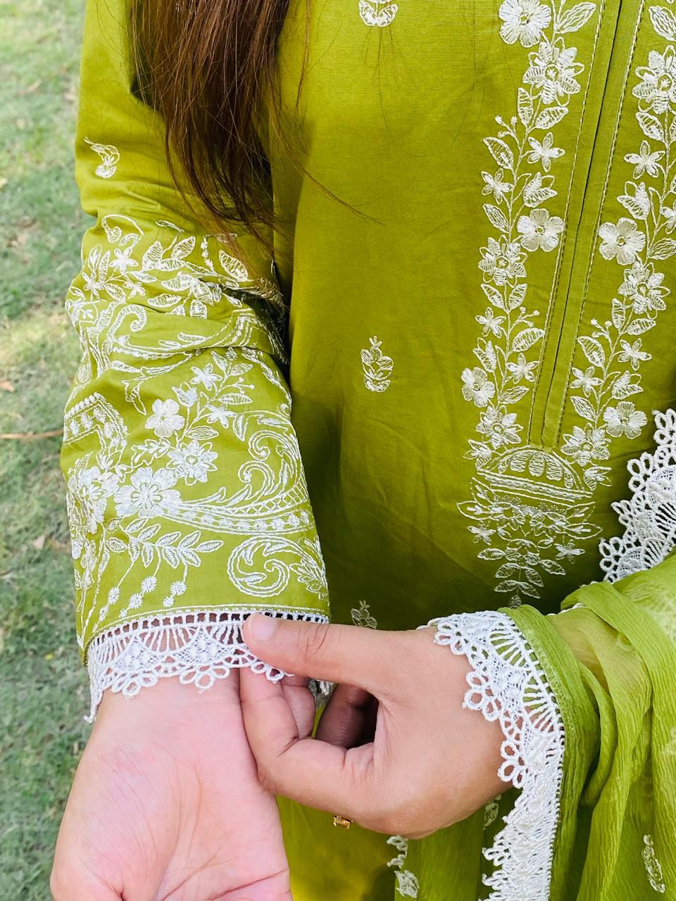 Olive Green Embroidered Three Piece