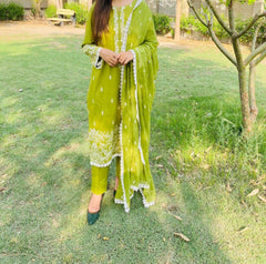 Olive Green Embroidered Three Piece