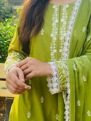 Olive Green Embroidered Three Piece