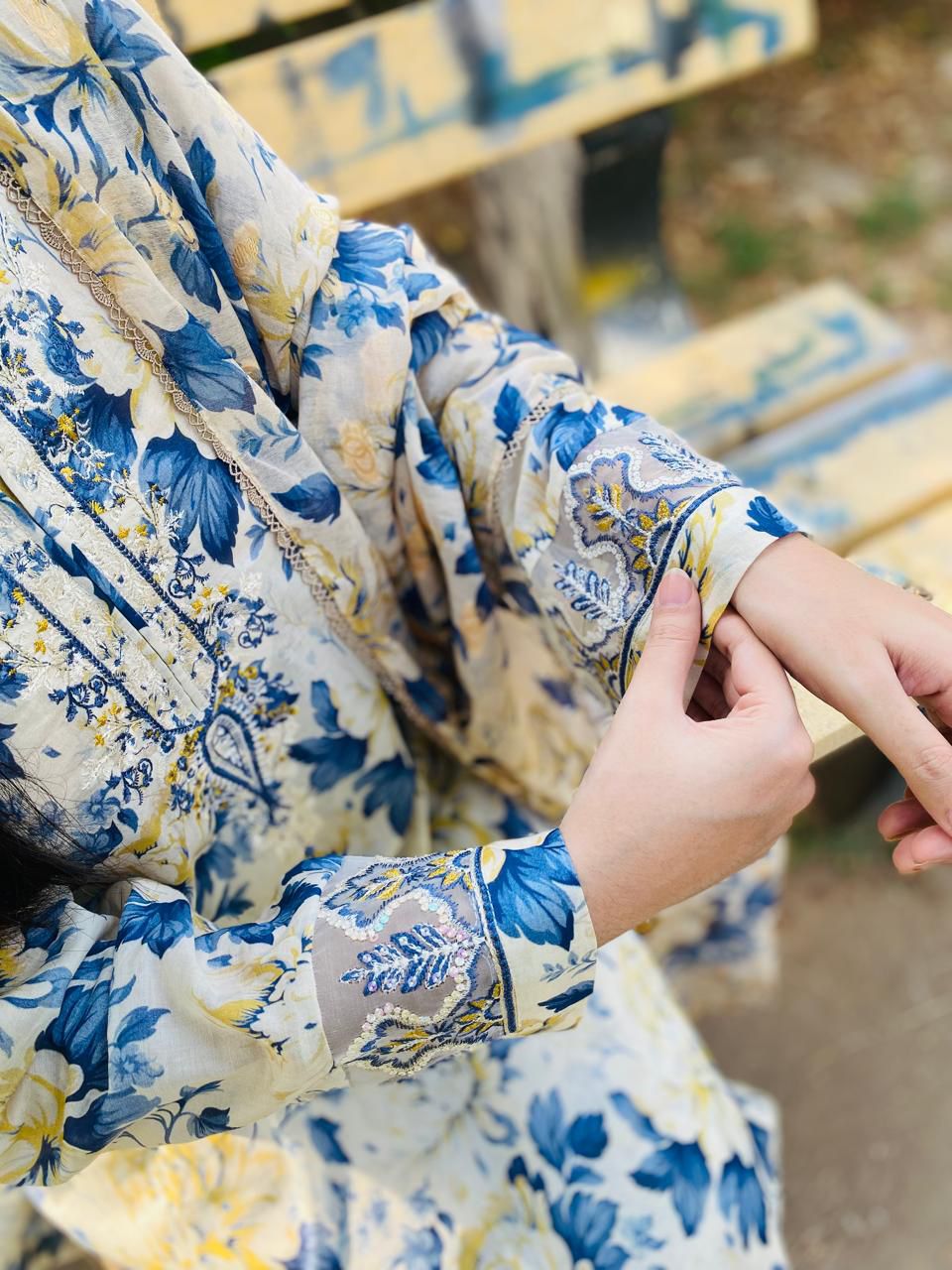 Blue Blossom Floral Embroidered Lawn Suit Three Piece