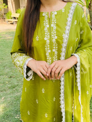 Olive Green Embroidered Three Piece